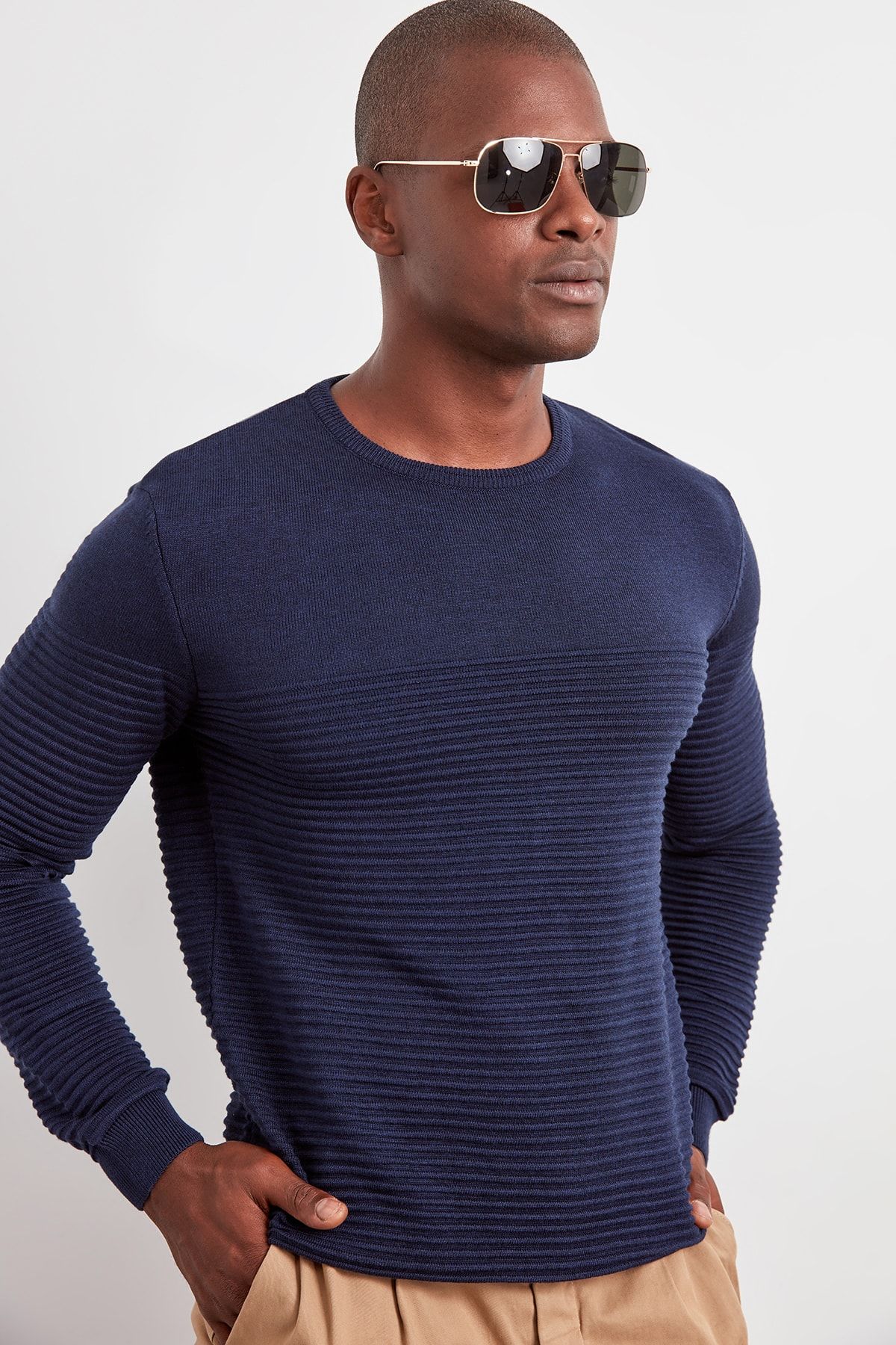 Trendyol Collection-Navy Blue Slim Slim Fit Crew Neck Textured Knitwear Sweater Tmnaw20Iy0014 7