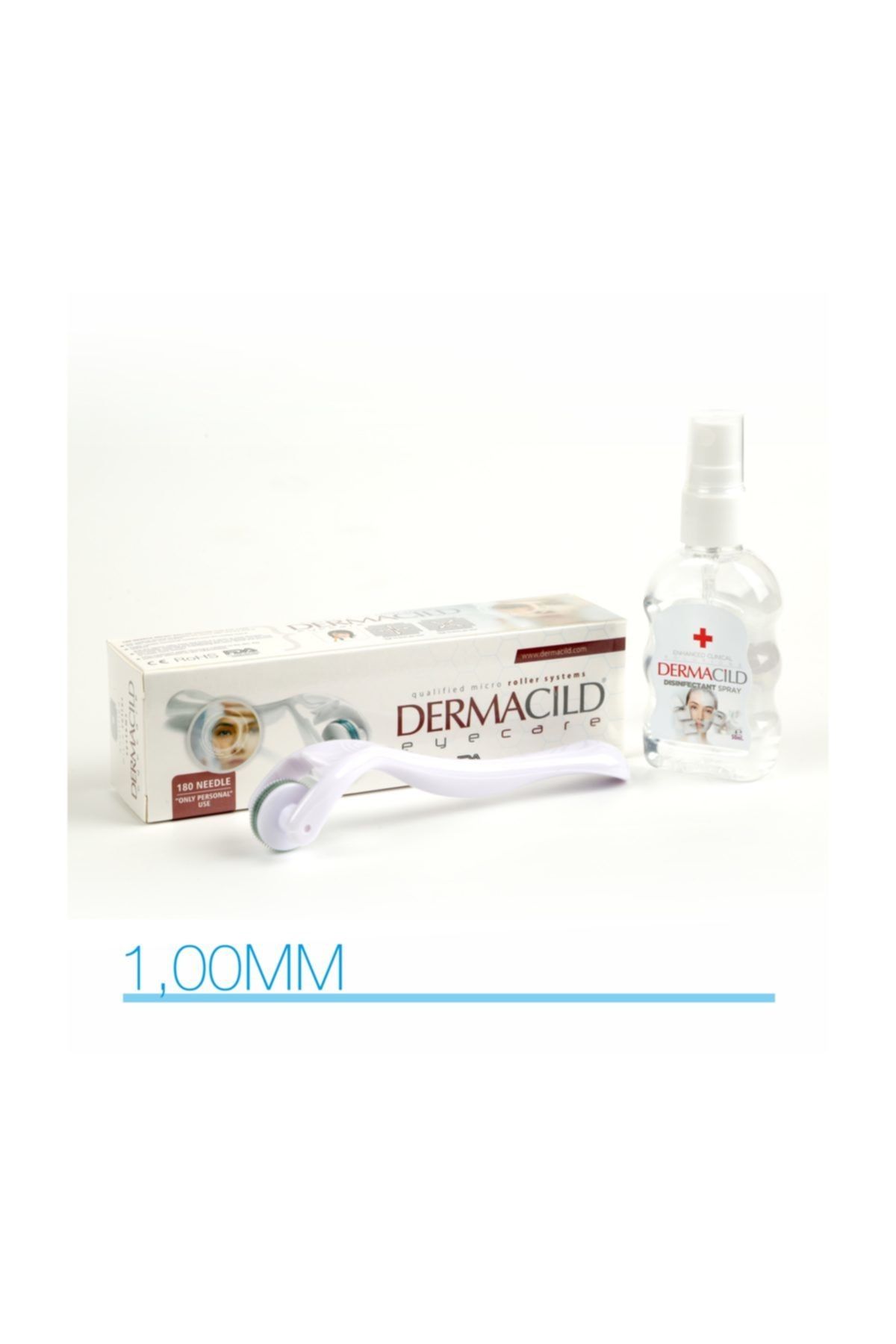 درمارولر 180 سوزنی تیتانیوم 1.00 میلی متر (ایده آل برای ناحیه چشم) + اسپری پاک کننده Dermacild
