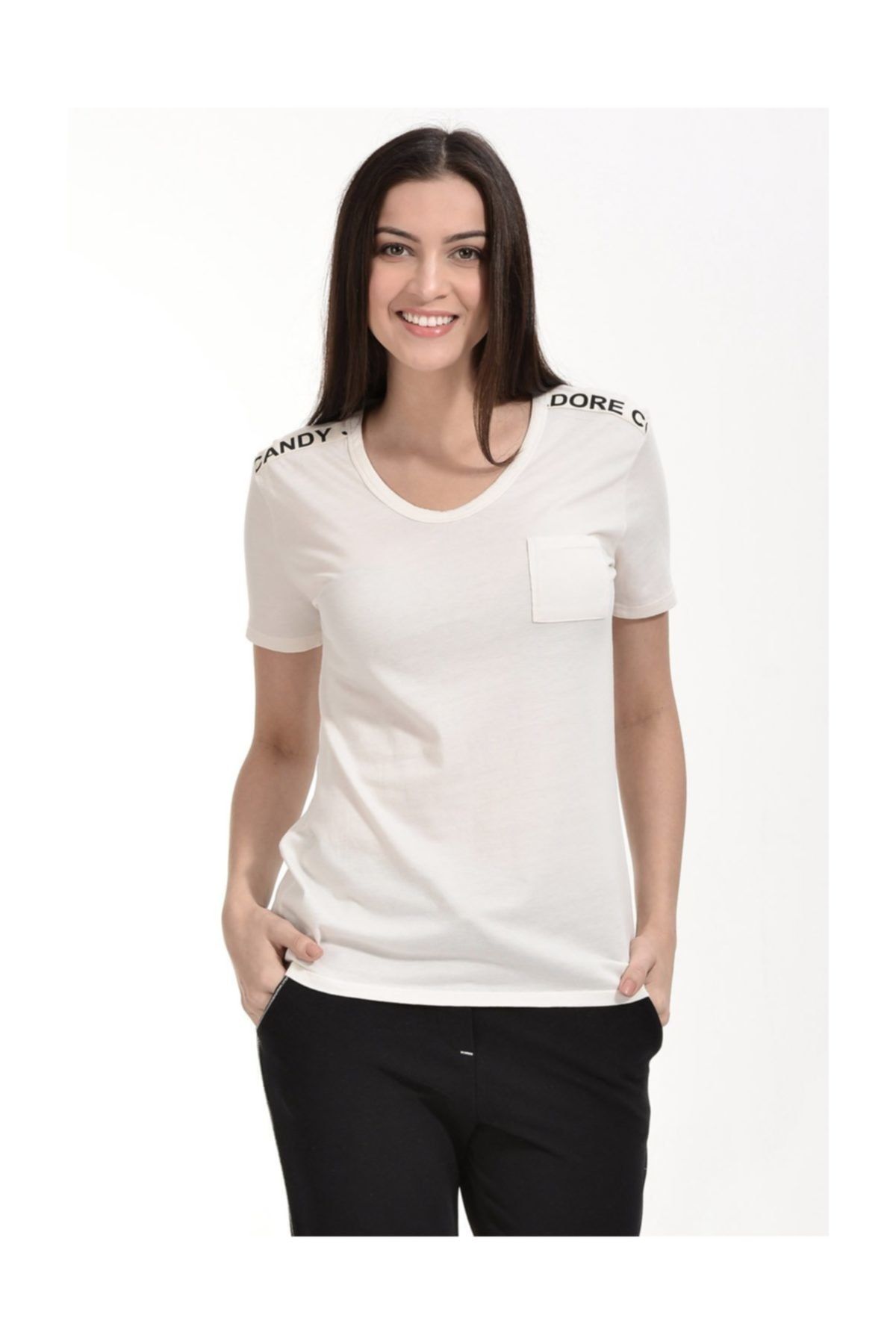 Cotton Candy-Short Sleeve T-Shirt with Text Band on the Shoulders - Ecru 2