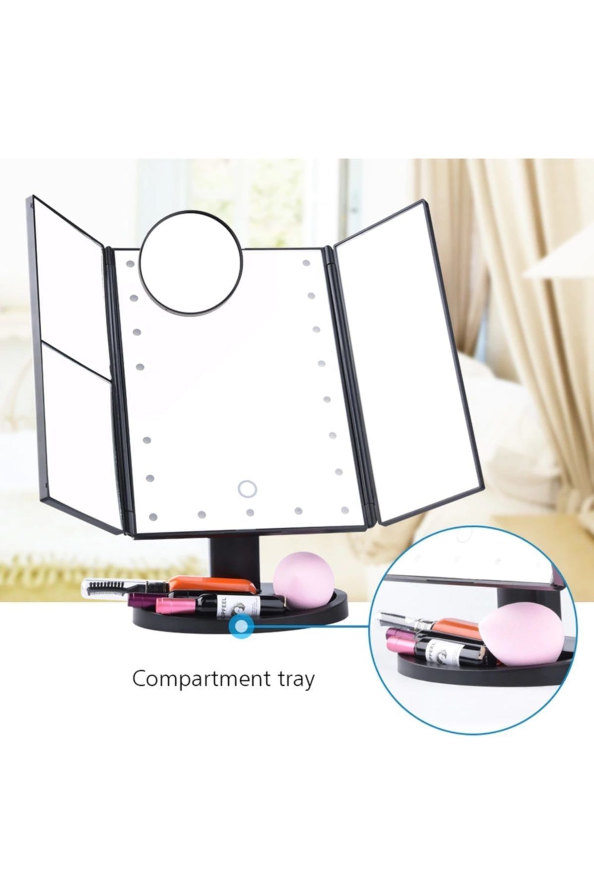LAND OF MYTH-Magnifying Makeup Mirror with 24 LED Lights, 3 Panels, Foldable, Touch Sensor (black) 4