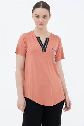 Kadın Somon V Yaka Şerit Detaylı Tshirt - 21Y2202-73877.0001-R1403