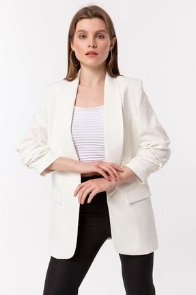 Kadın Kolu Büzgülü Blazer Beyaz Ceket 20K3476