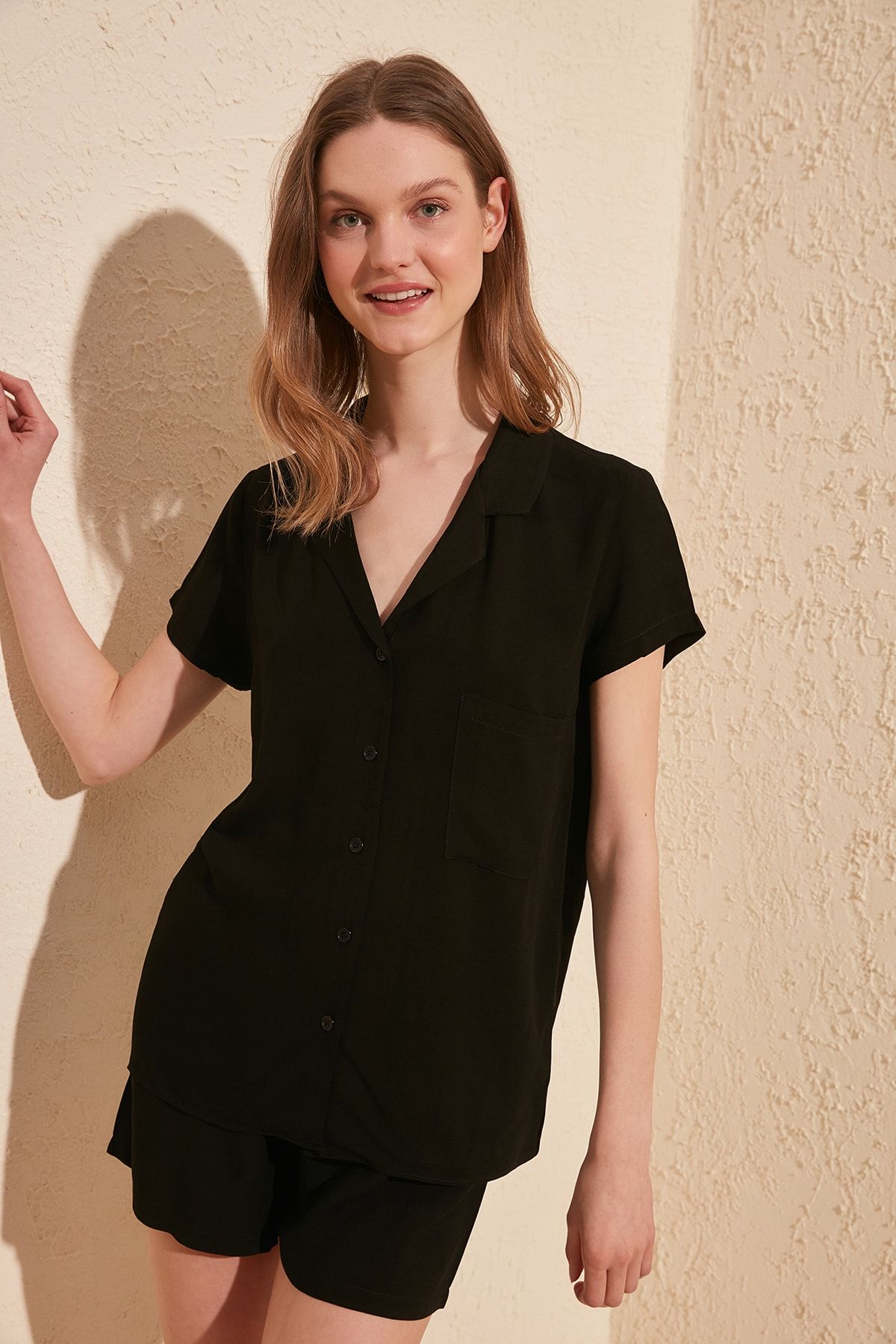 Trendyol Collection-Černá viskózová košile-šortky Tkané pyžamá THMSS19PT0004 11