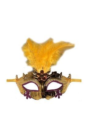 Partidolu Işlemeli Tüylü Venedik Maskesi Sarı Renk PP1401SR