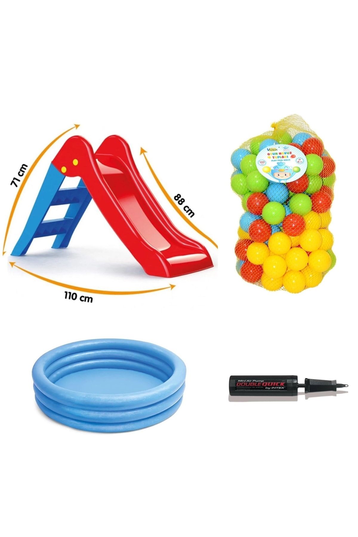 YILDIRIM OYUNCAK Dolu Oyuncak 3001 Il Kaydırağım-intex 3 Boğumlu Havuz- El Pompası- 6 Cm 100'lü Oyun Havuz Top Seti