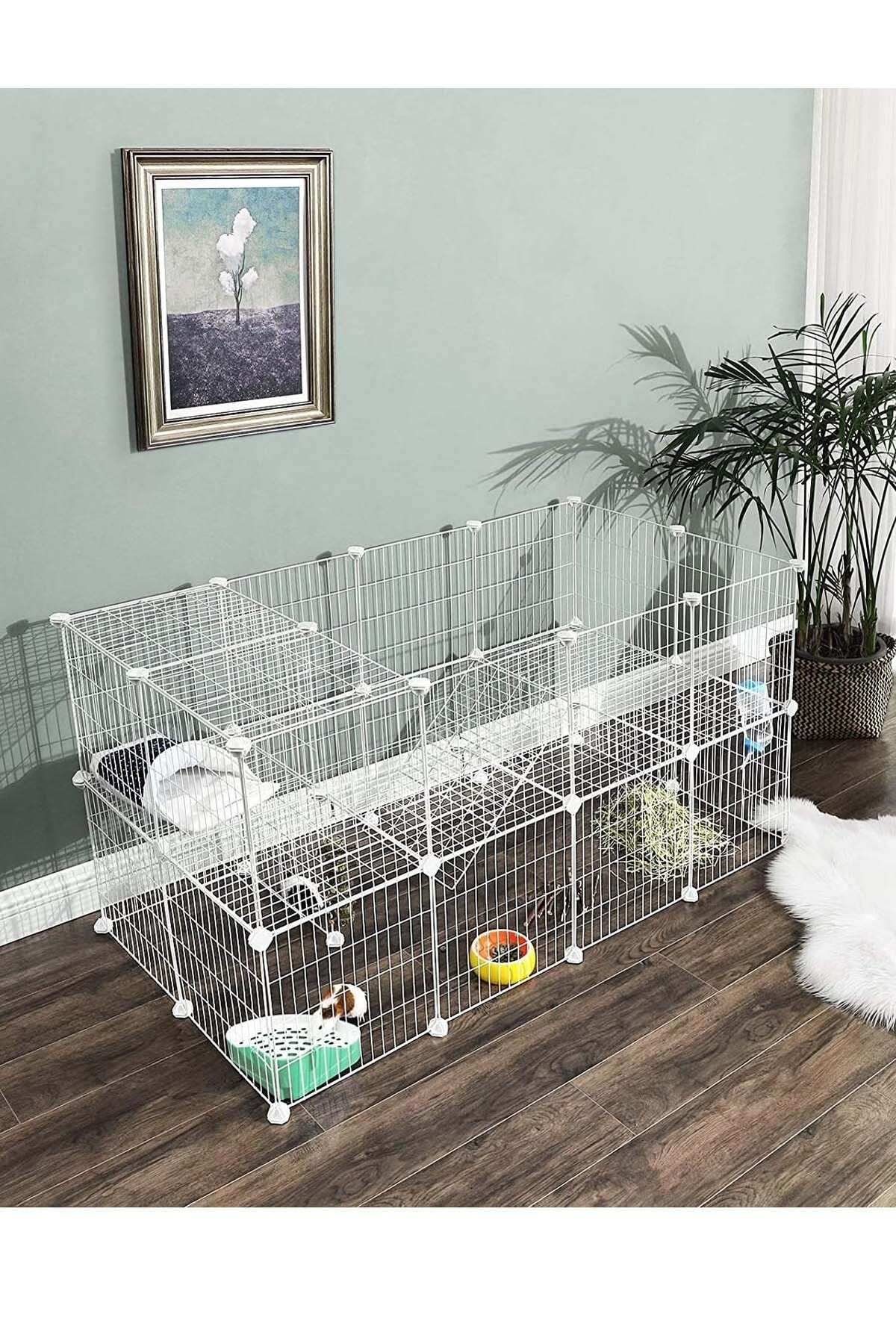 hodbehod 36 Panel Beyaz Renk Evcil Küçük Hayvan Kedi Köpek Kuş Evi Kafesi Oyun Parkı Portatif Metal Tel