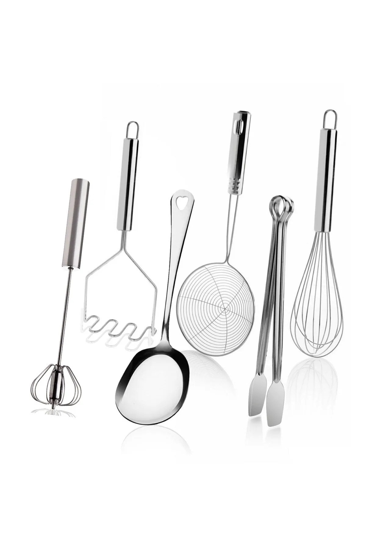 6-Piece Stainless Steel Kitchen Preparation Beater Colander Tongs Potato Crusher Set
