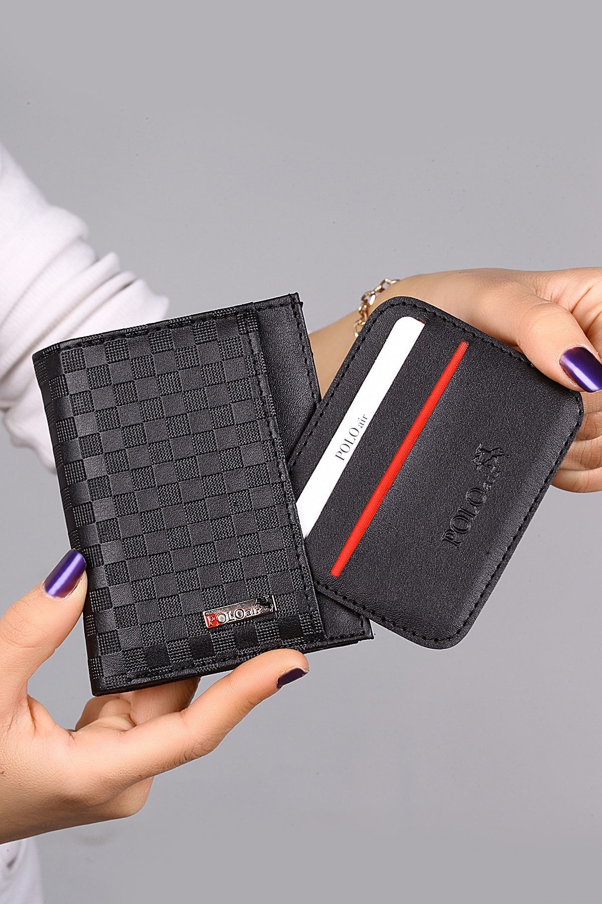 کیف پول مردانه CHECKERS با الگوی نگهدارنده کارت کمربند مجموعه سیاه polo air