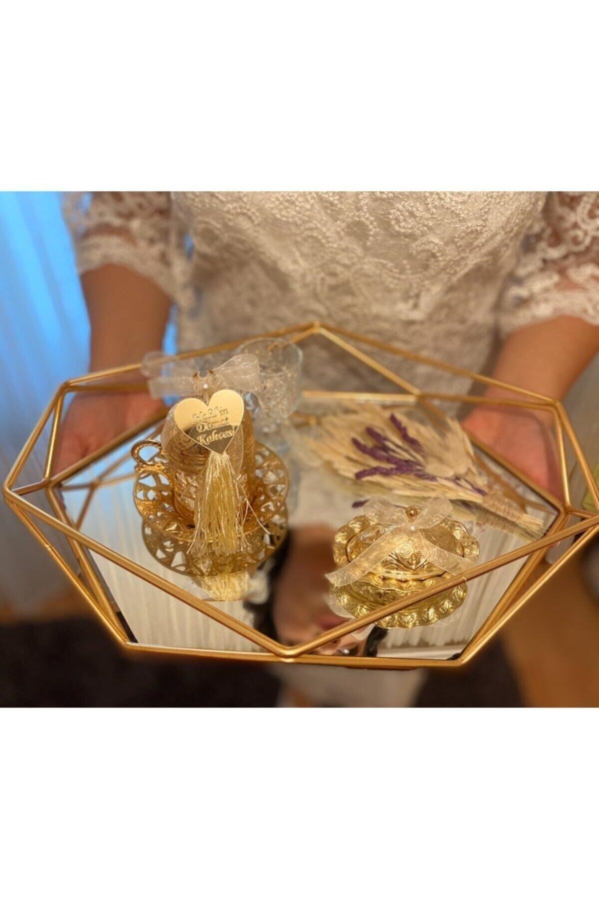 Gold Prizma Damat Fincan Kahve Set Prizma Tepsi