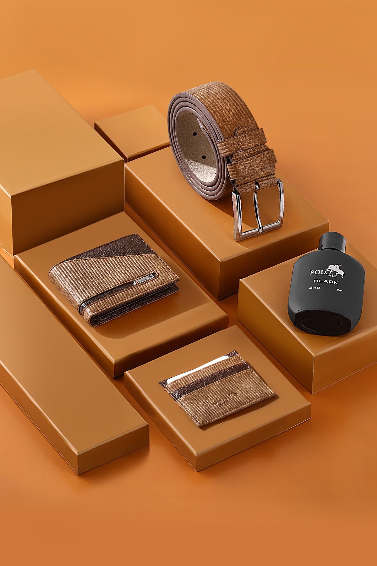 کیف پول مردانه الگوی جاده ای کمربند سر مجموعه عطر polo air