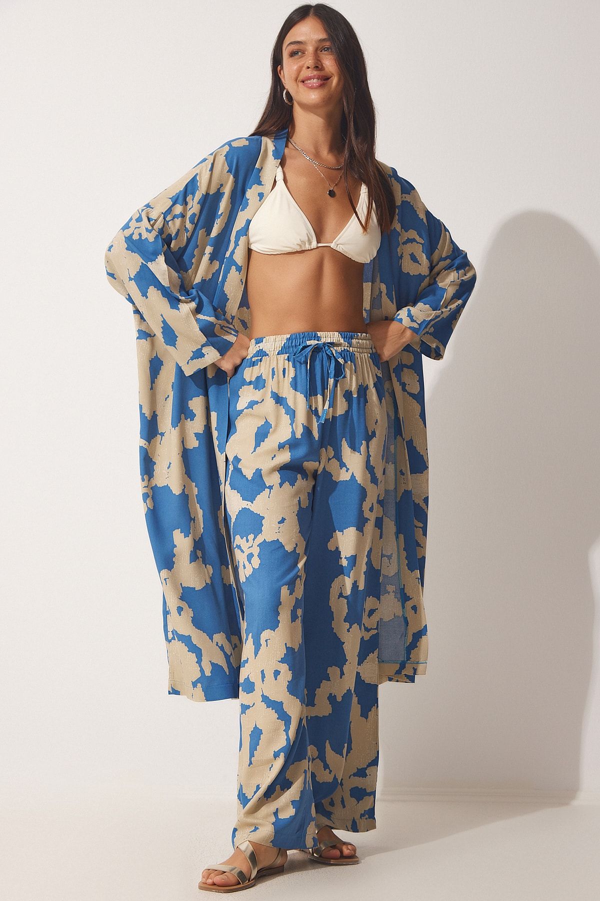 Happiness İstanbul Dámské modré béžové vzorované viskózové kalhoty Kimono Palazzo CI00086
