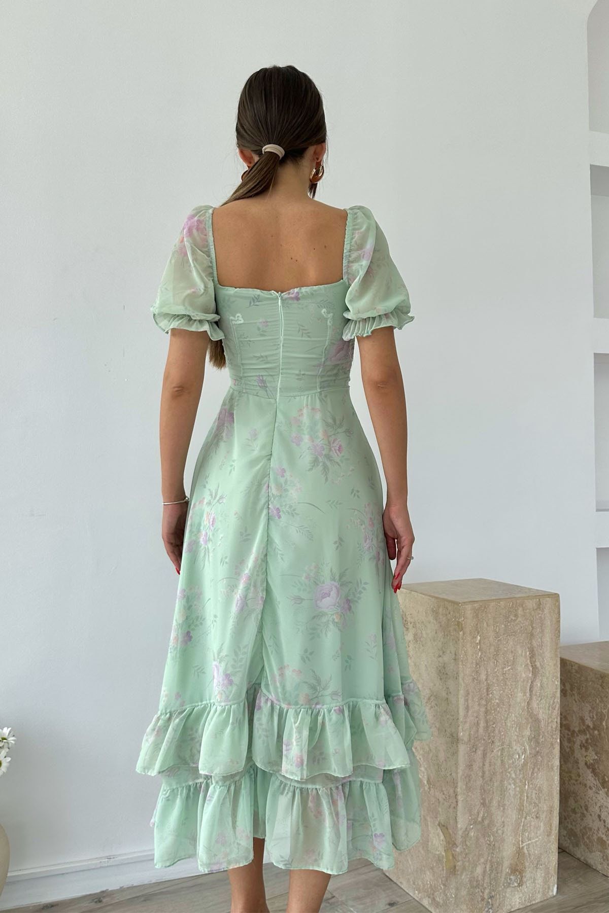 Seda Yal n Atelier Mint Green Floral Lined Chiffon Dress Trendyol
