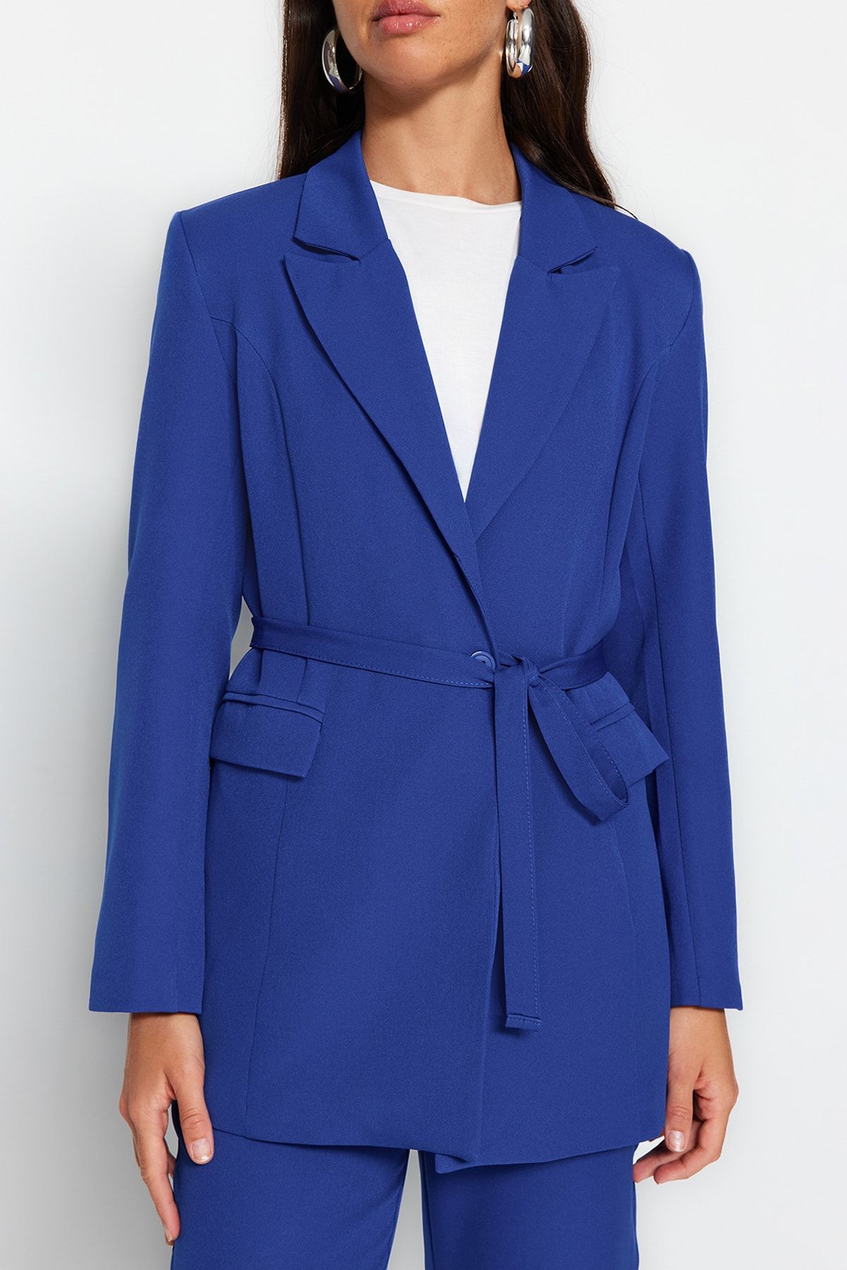 Trendyol Modest-Μπλε με κορδόνια με λεπτομέρεια γραμμή κρεπ σακάκι-παντελόνι υφαντό στο κάτω μέρος-top κοστούμι TCTSS23US00044 4