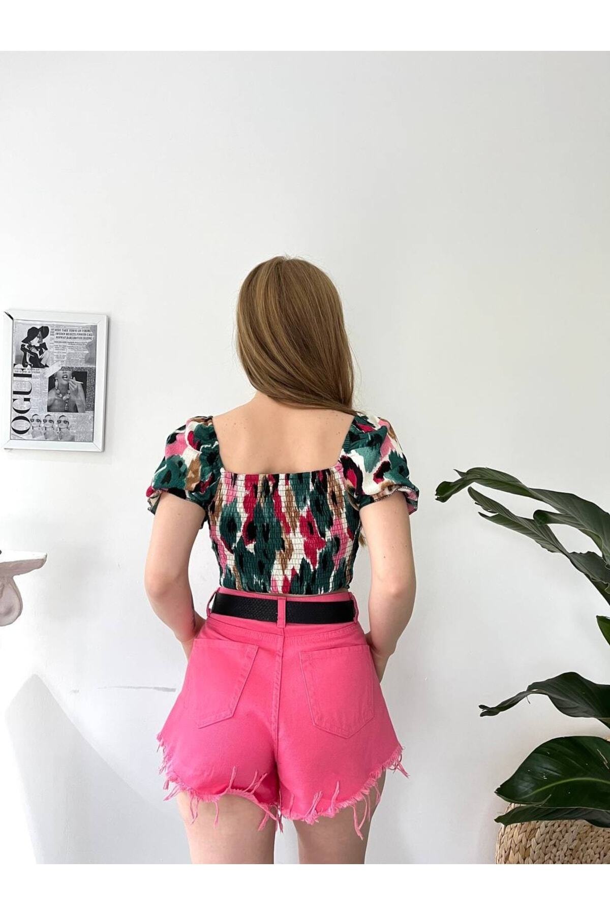 Fav Style-Bluză crop pentru femei cu cravată în față verde, mâneci parțială, spate cu model Gimp 4
