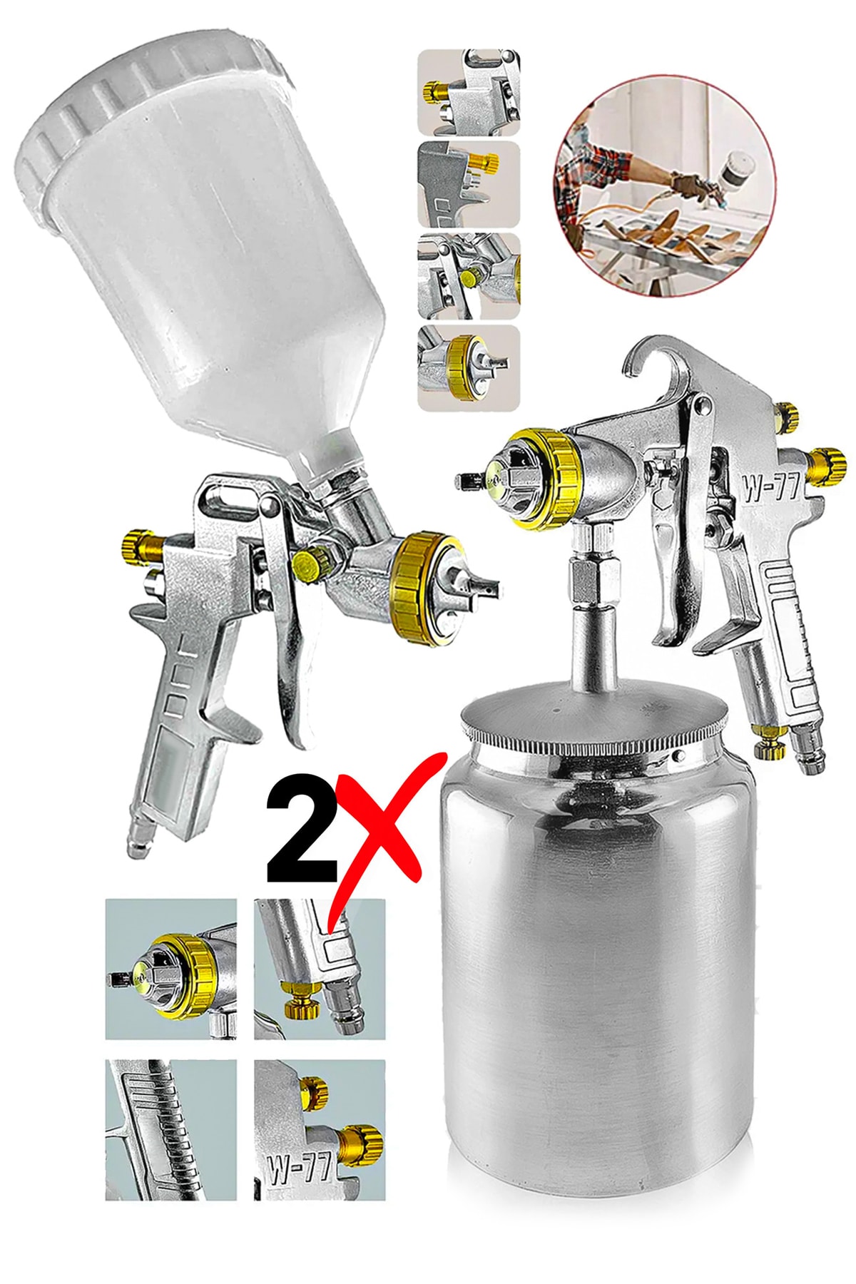 PROXTECH Profesyonel Havalı Üstten - Alttan Depolu 2li Set 600 Cc Boya Sprey Tabancası Paket Set