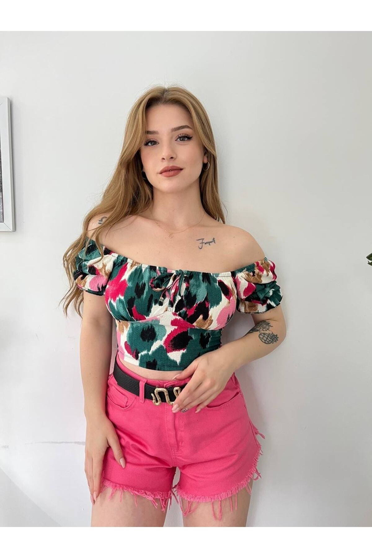 Fav Style-Bluză crop pentru femei cu cravată în față verde, mâneci parțială, spate cu model Gimp 1