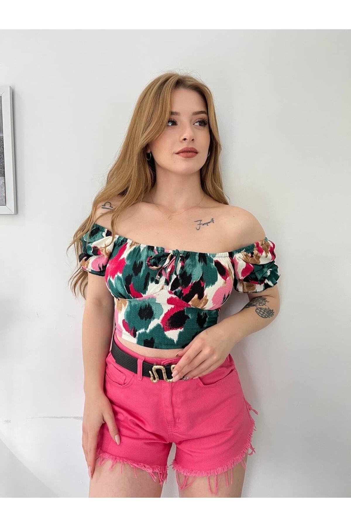 Fav Style-Bluză crop pentru femei cu cravată în față verde, mâneci parțială, spate cu model Gimp 2