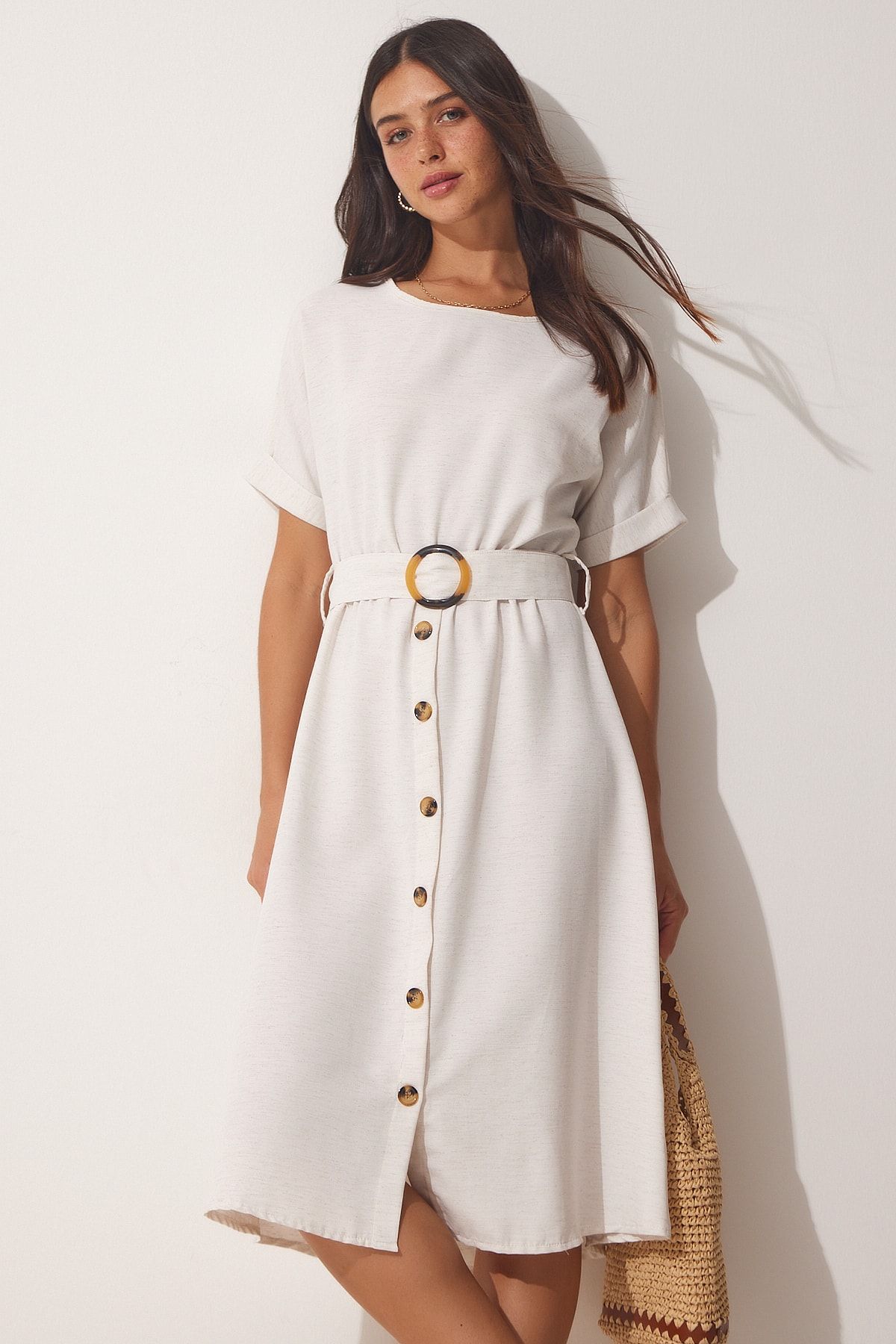 Happiness İstanbul Women's Cream Belted Summer Linen Viscose Dress DD01234