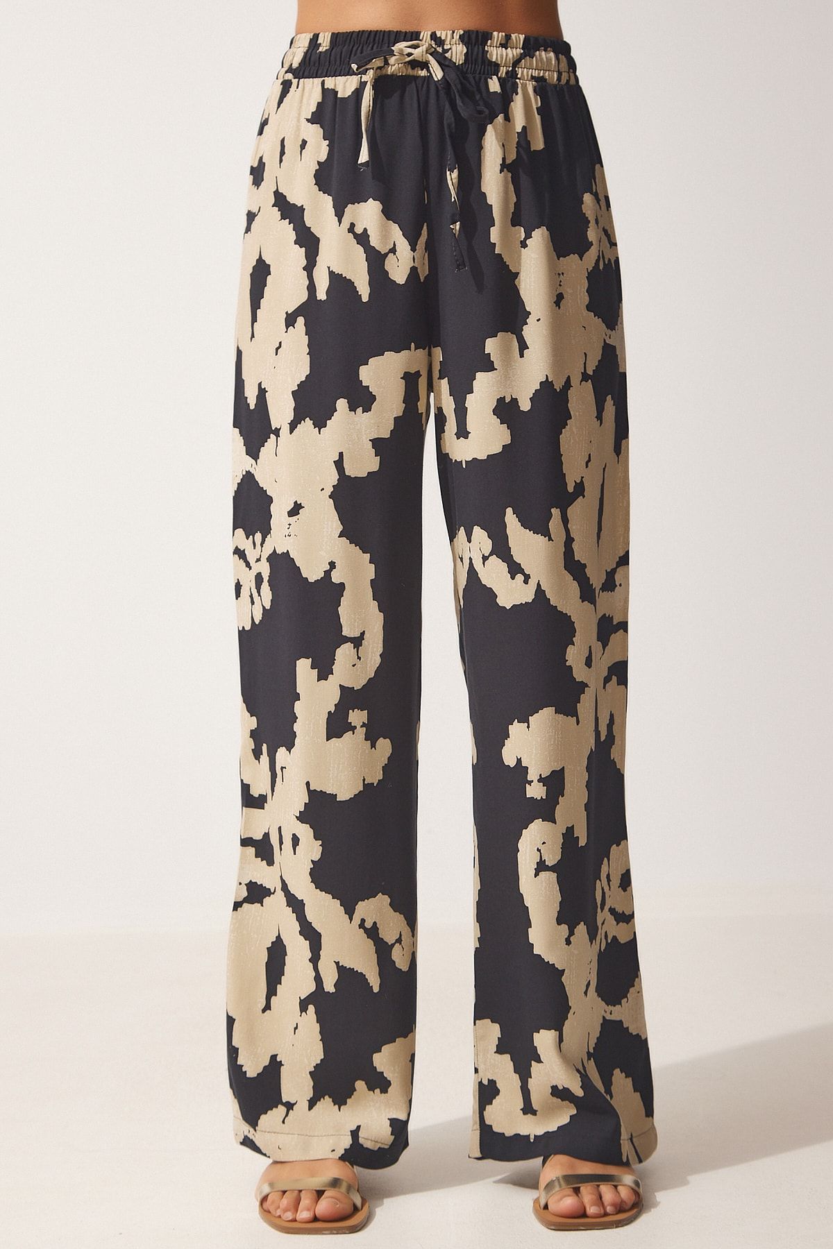 Happiness İstanbul-Schwarz-beige gemustertes Viskose-Kimono-Palazzo-Hosenset für Damen CI00086 5