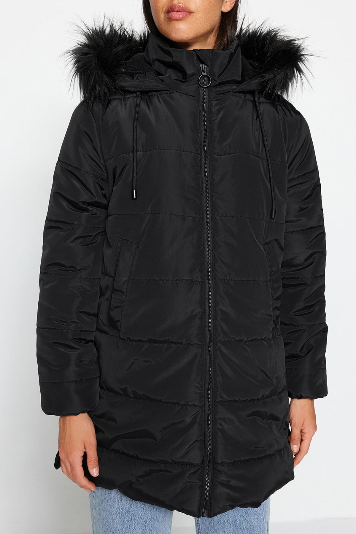 Trendyol Collection-Schwarzer, wasserdichter Parka mit Pelzkapuze, gesteppte Pufferjacke TWOAW24MO00075 3