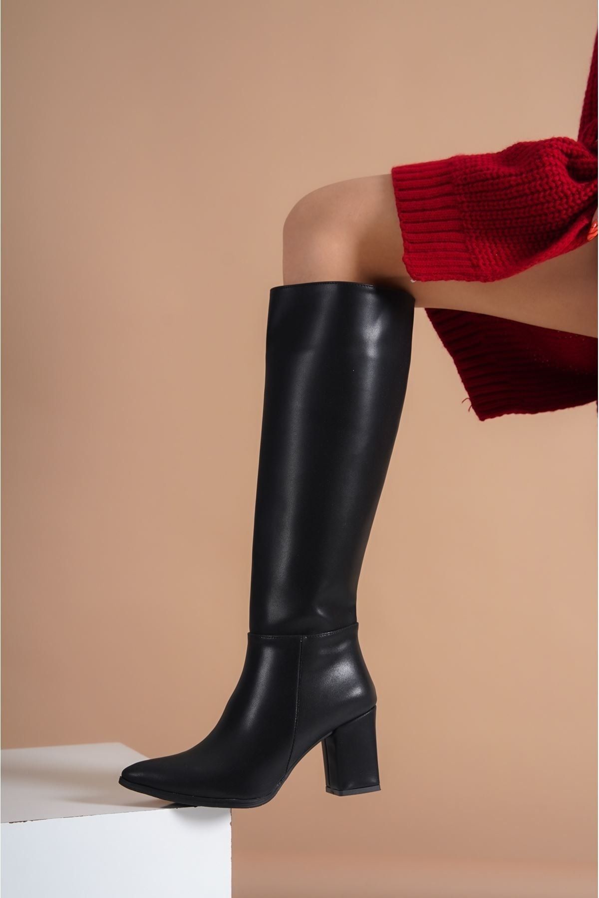 Lolita Love Shoes-Asian Black Leather Knee High Zippered Heeled Boots 4