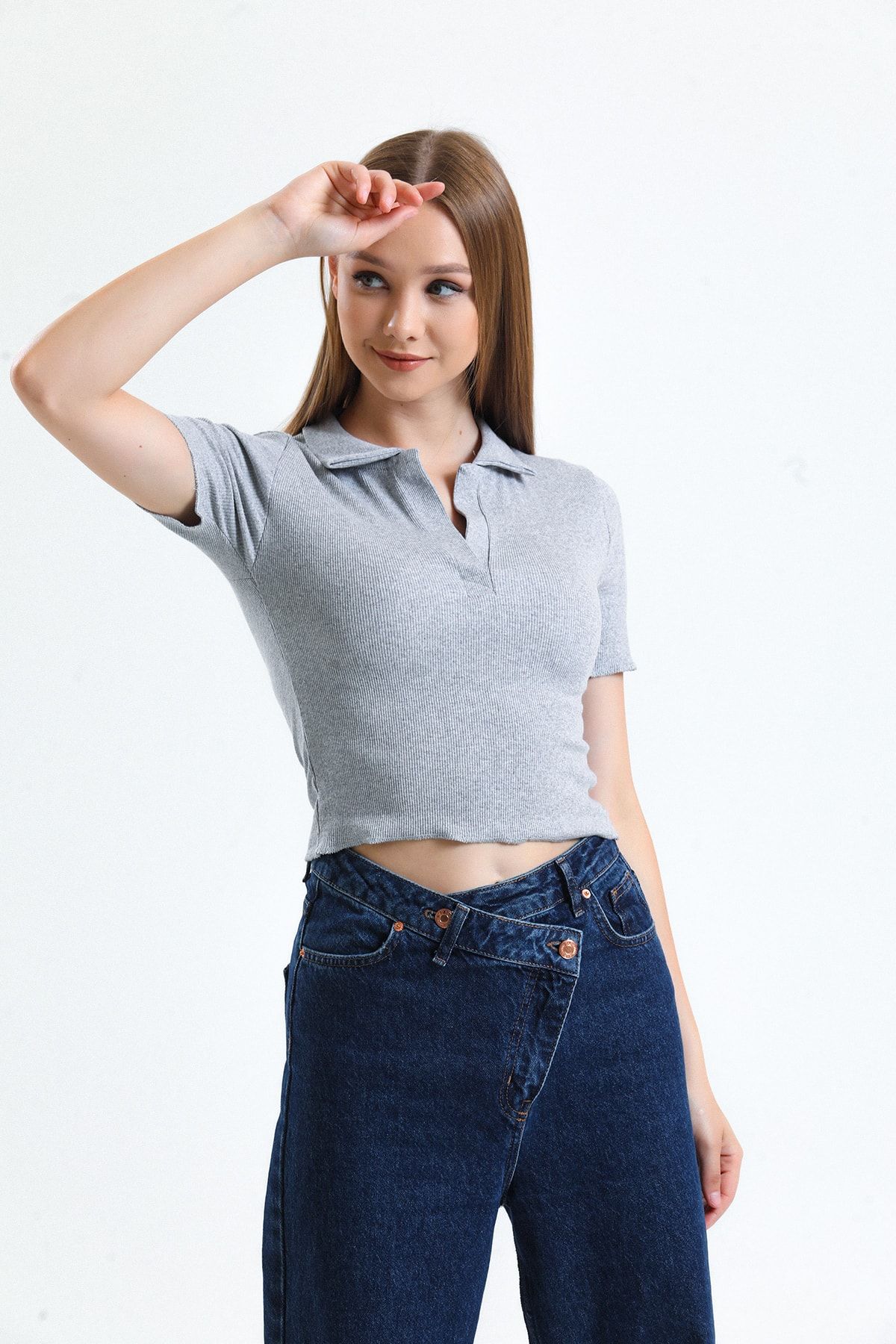 Lusin-Tricou cu gât polo pentru femei Crop gri 1