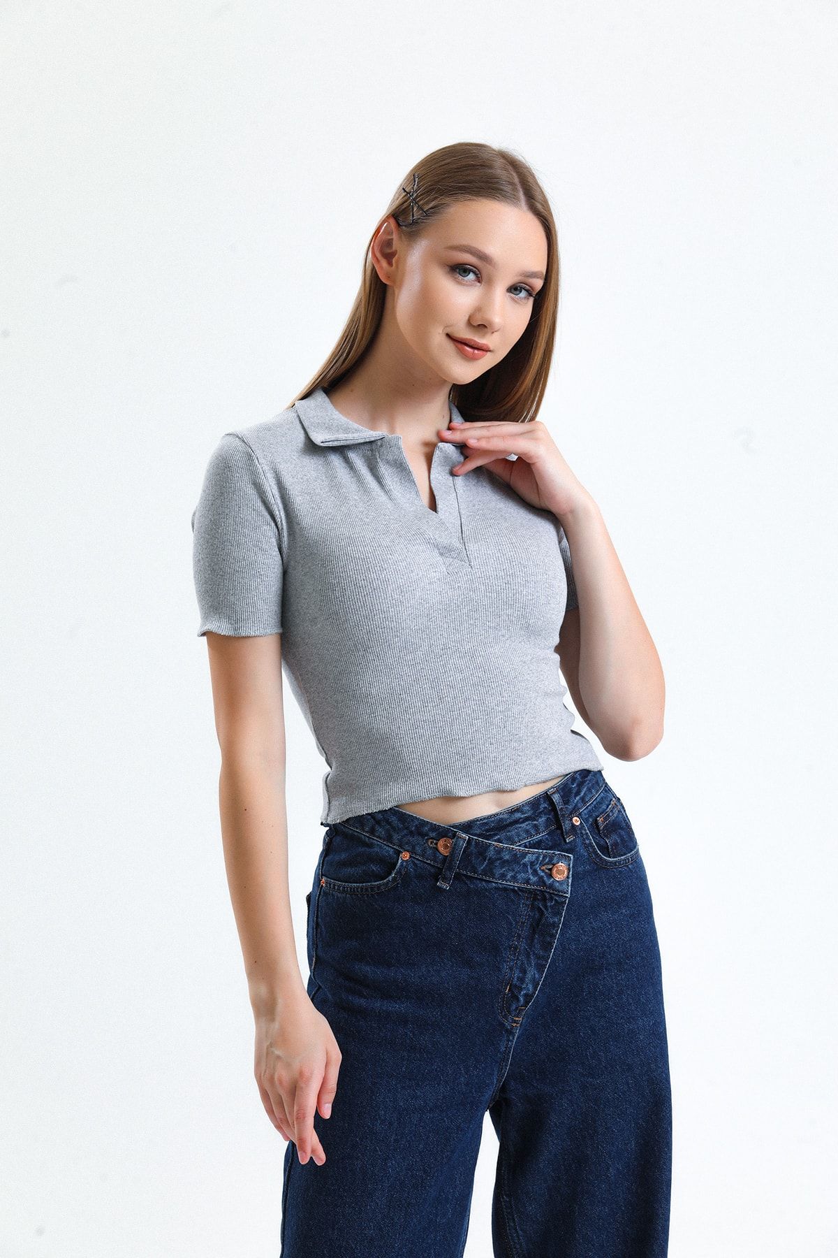 Lusin-Tricou cu gât polo pentru femei Crop gri 4
