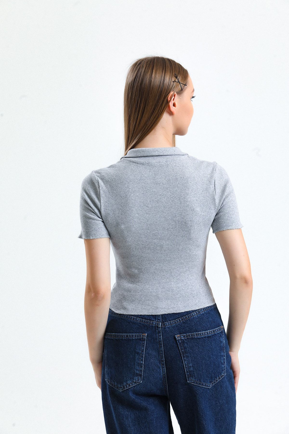 Lusin-Tricou cu gât polo pentru femei Crop gri 7