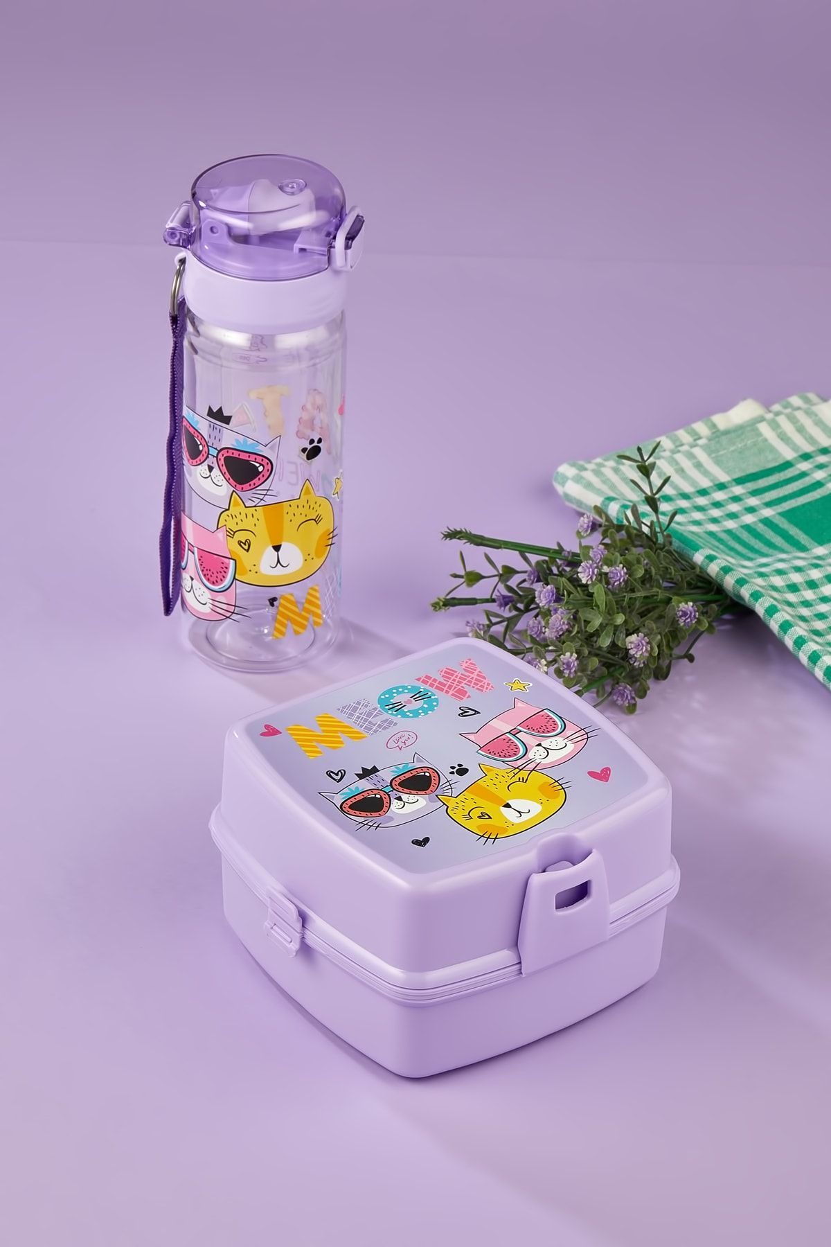 ALİNA HOME-2 Layers 4 Compartments Lunch Box with Spoon and 500 CC Straw Flask with Cat 2