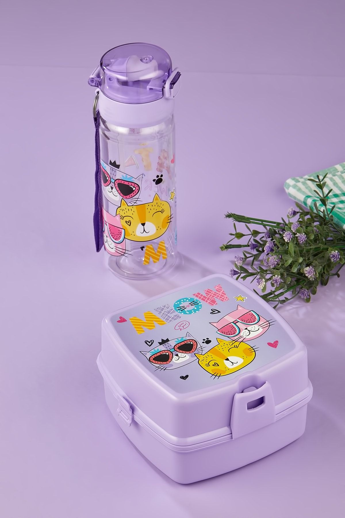 ALİNA HOME-2 Layers 4 Compartments Lunch Box with Spoon and 500 CC Straw Flask with Cat 5