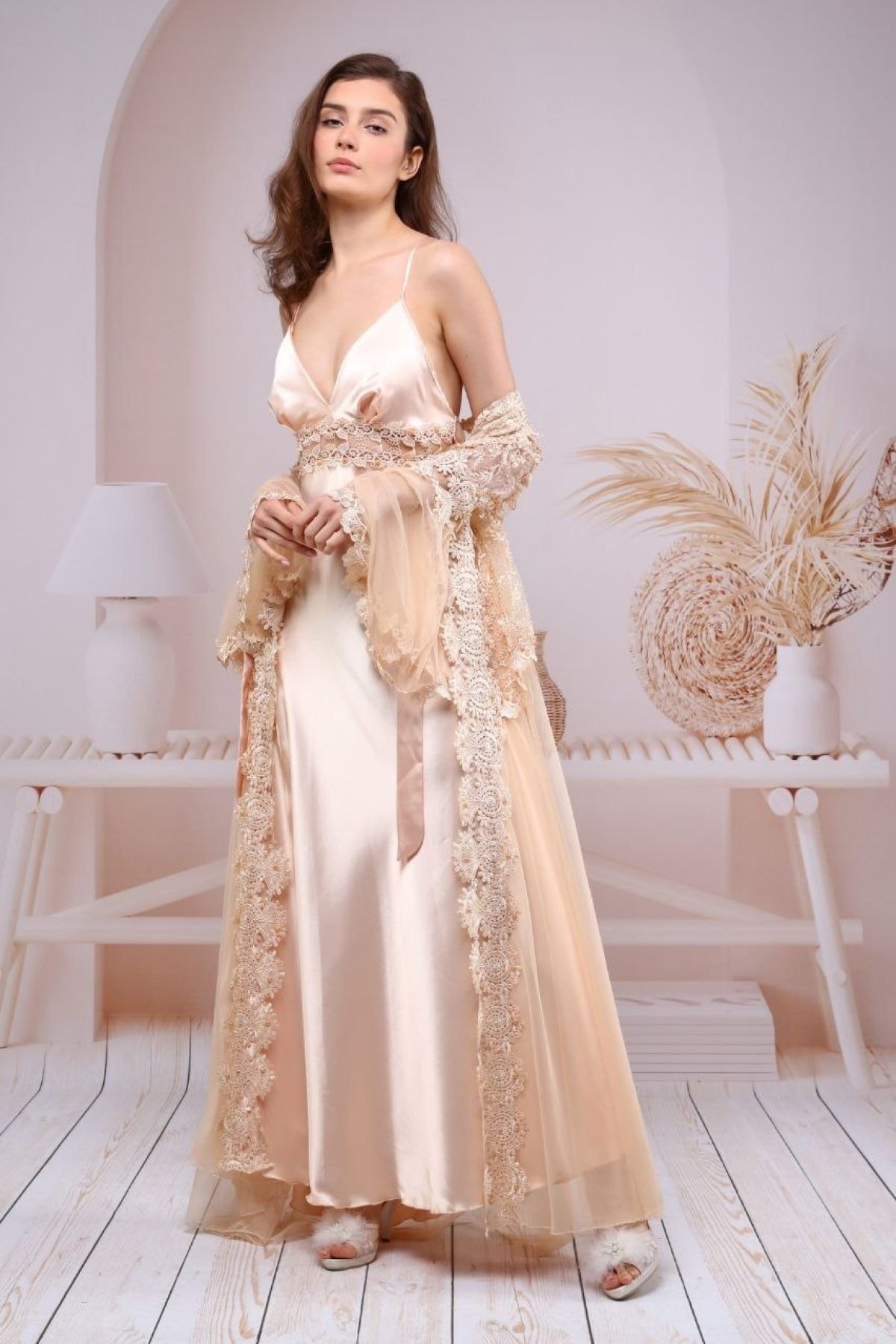 Lüx Wood Kadın Sabahlık Ve Gecelık Uzun Elbısesı Tul Saten 2ılı