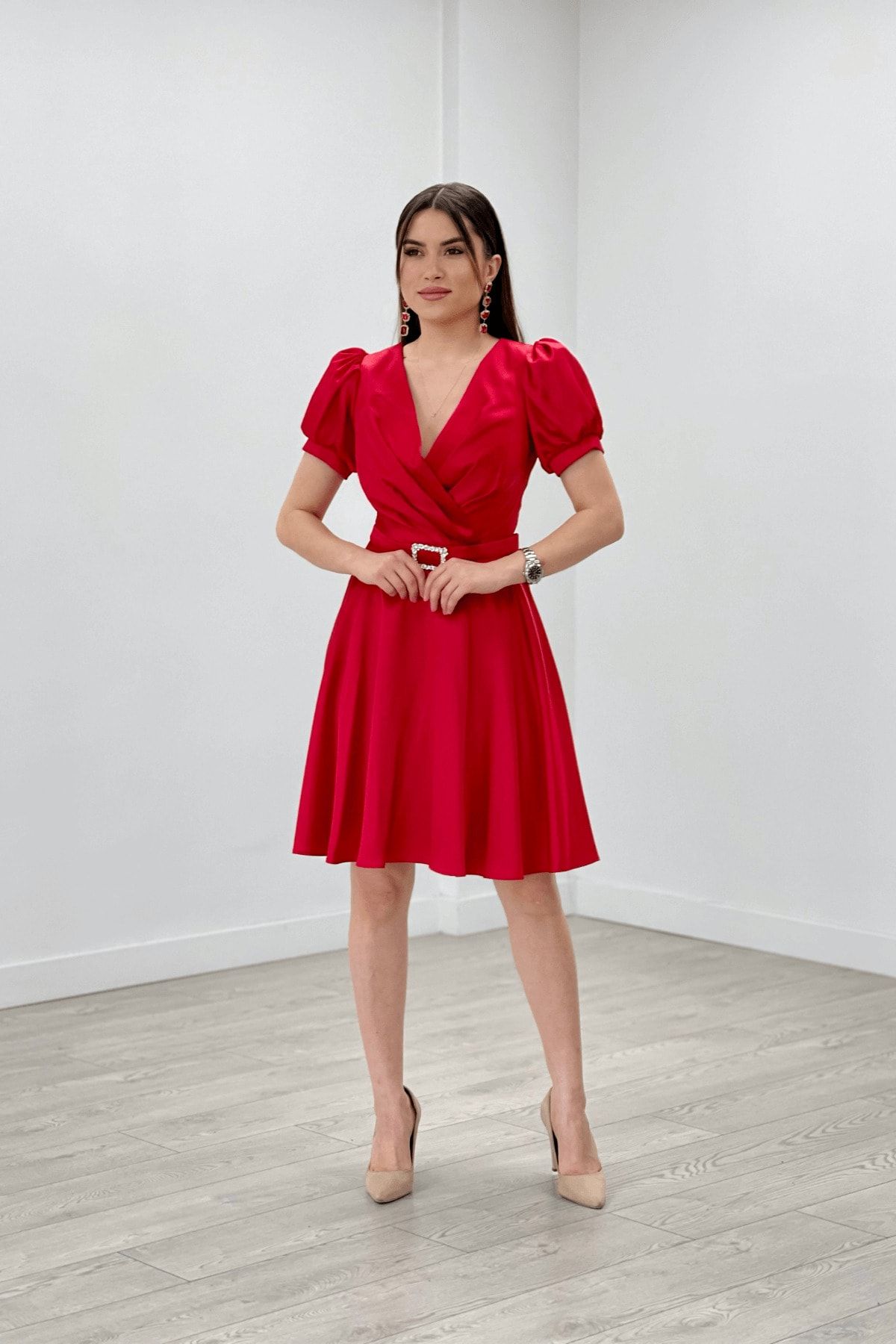 Red wrap discount prom dress