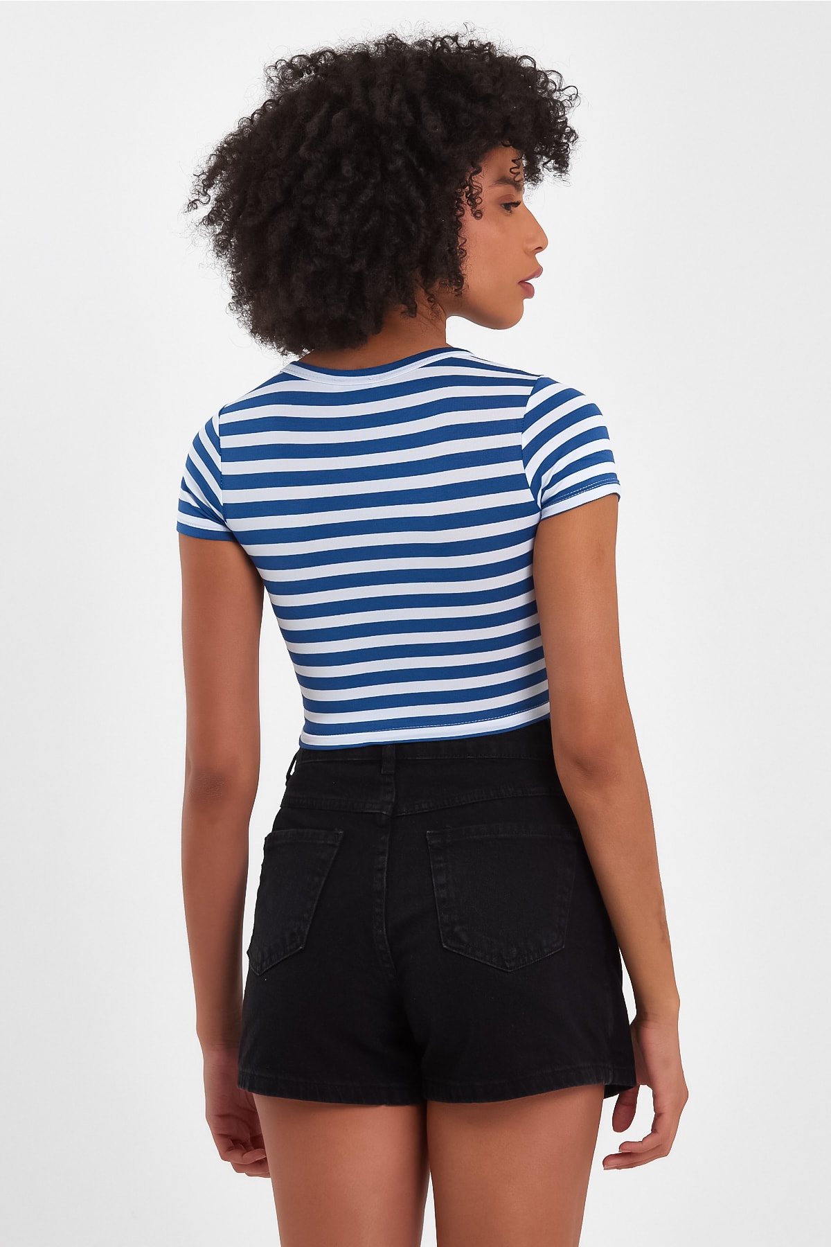 Kadın Çizgili Crop Tshirt - Mavi