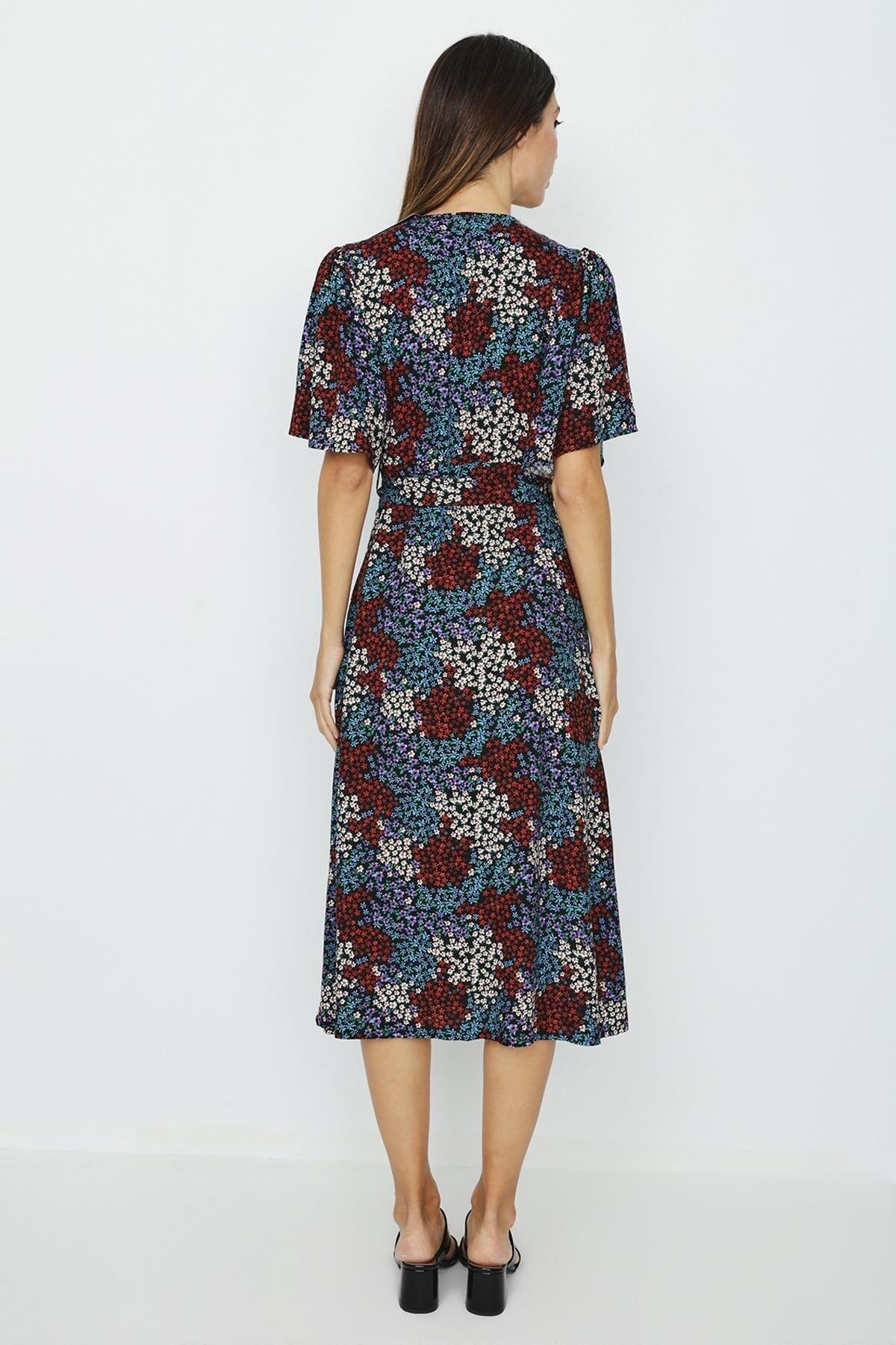 Select Moda-Women's Multicolored Buttoned Front V-Neck Dress 3