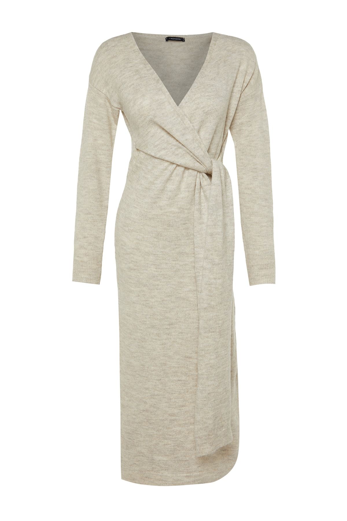 Trendyol Collection-Pletené šaty se zavazováním s dvojitým límcem Midi - Stone Texture Twoaw21El0260 6