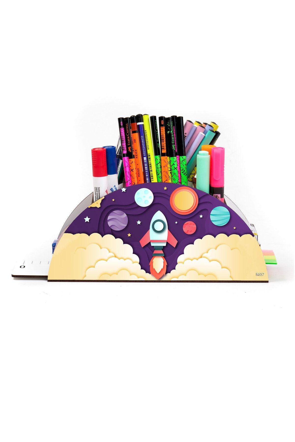 kutuTR-Wooden Vip Astronaut And Space Rainbow Ruled Desktop Pen Holder Organizer Assembled Boxed 2