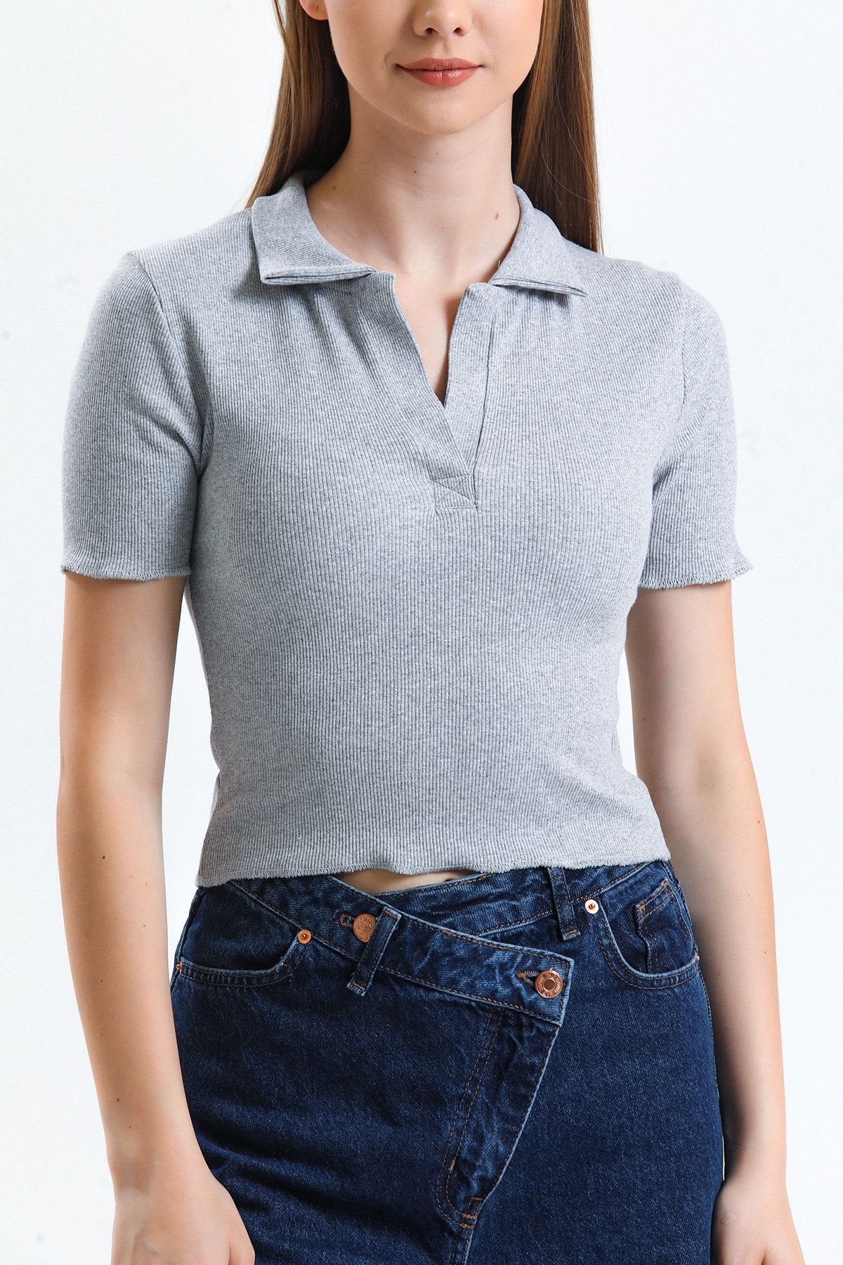 Lusin-Tricou cu gât polo pentru femei Crop gri 2