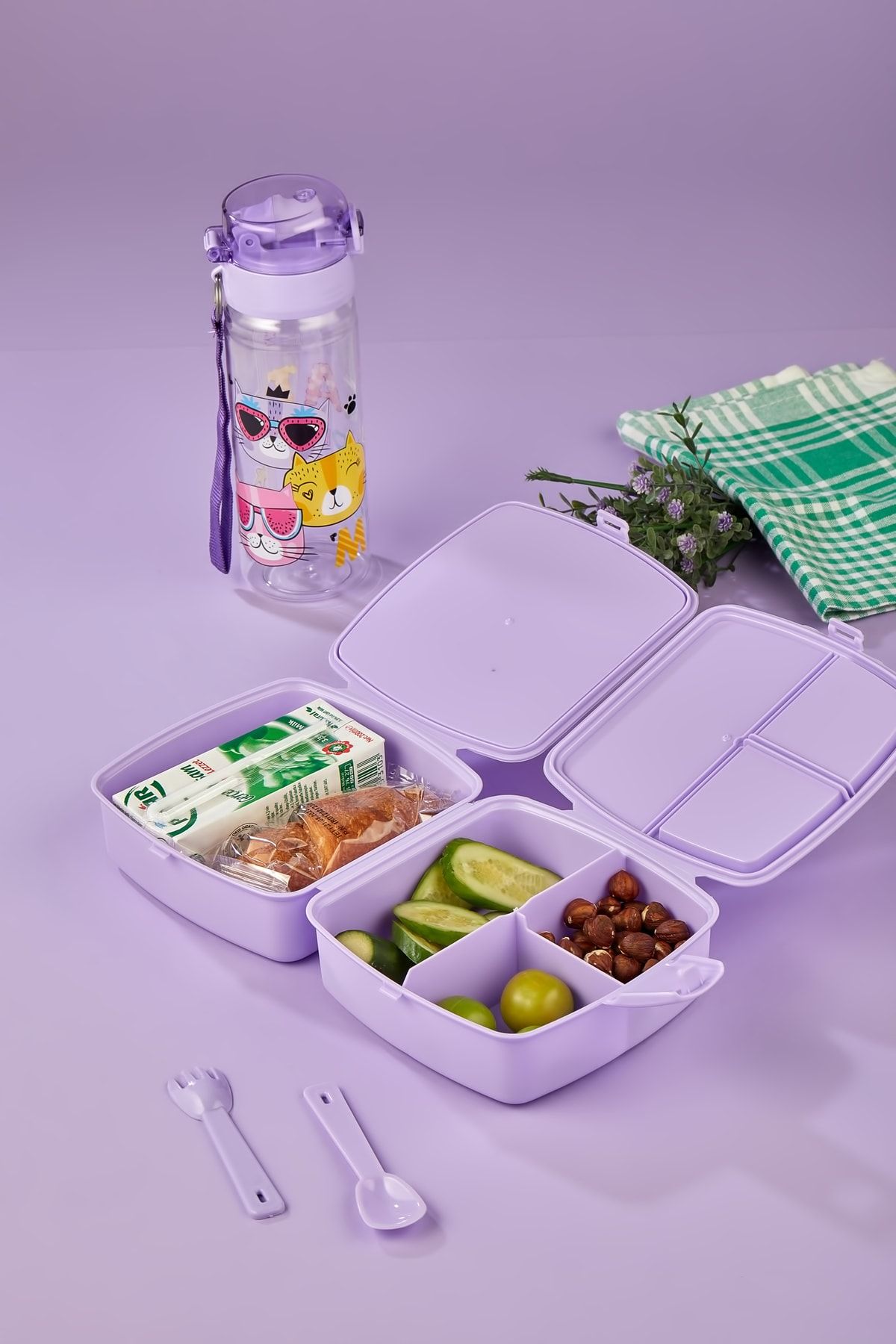 ALİNA HOME-2 Layers 4 Compartments Lunch Box with Spoon and 500 CC Straw Flask with Cat 3