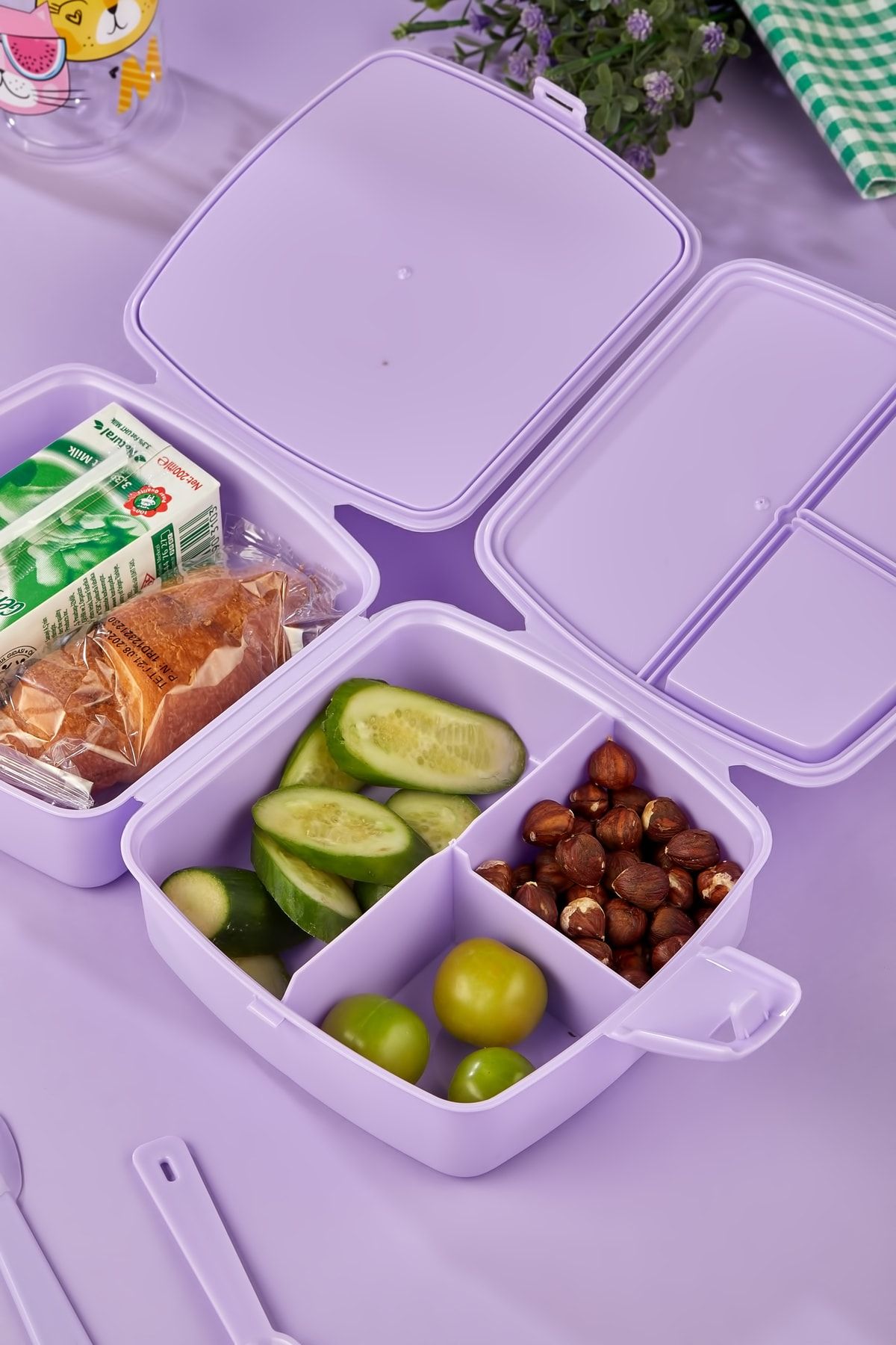 ALİNA HOME-2 Layers 4 Compartments Lunch Box with Spoon and 500 CC Straw Flask with Cat 4