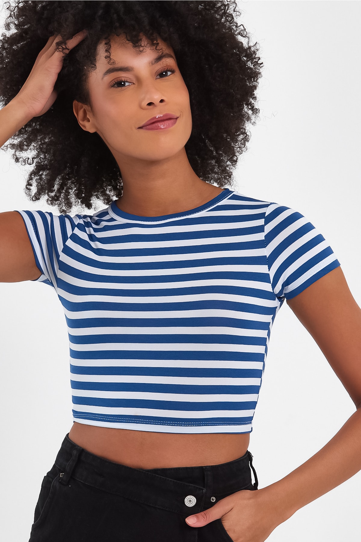 Kadın Çizgili Crop Tshirt - Mavi