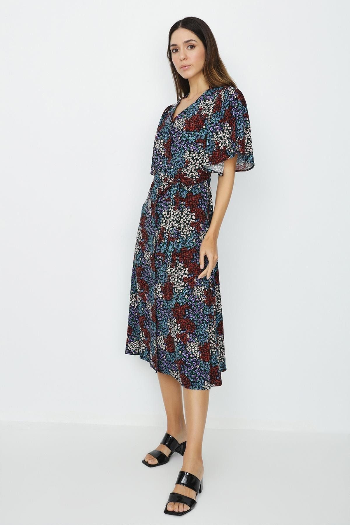 Select Moda-Women's Multicolored Buttoned Front V-Neck Dress 6