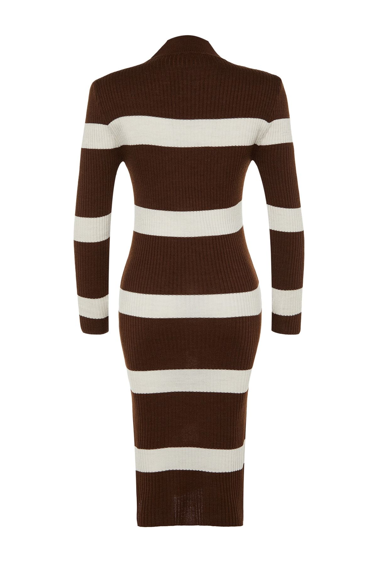 Trendyol Collection-Πλεκτό Μίντι Φόρεμα ριγέ - Καφέ TWOAW23EL00226 8