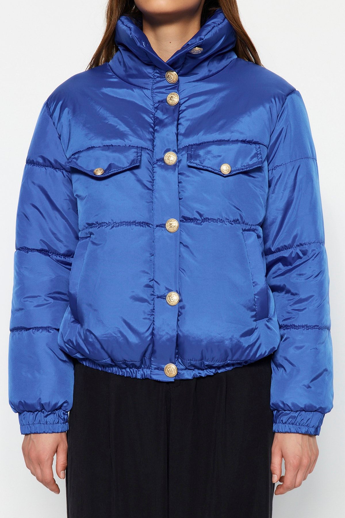 Trendyol Collection-Detailní prošívaná bunda Saks Blue Gold Button TWOAW24MO00052 3