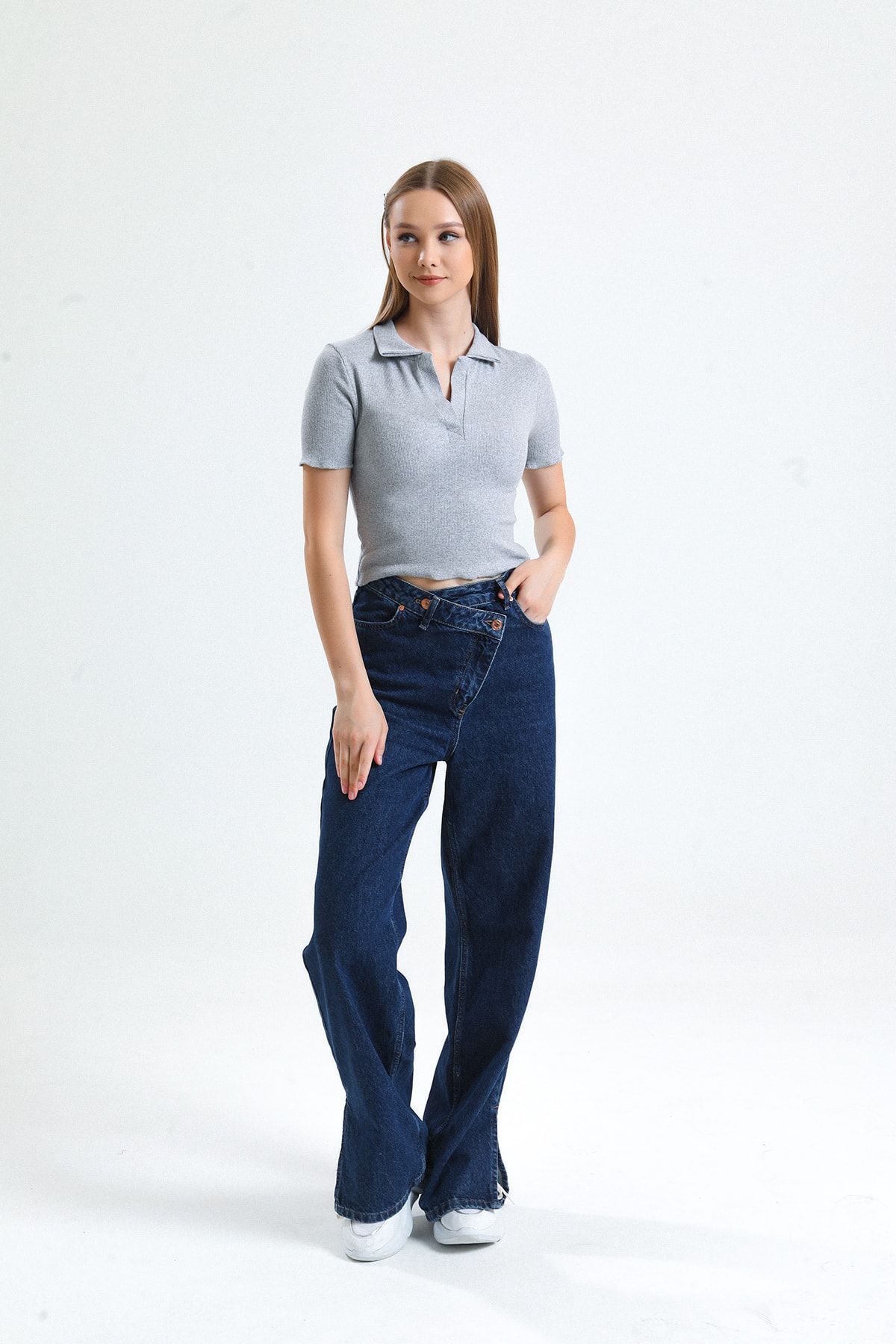Lusin-Tricou cu gât polo pentru femei Crop gri 5