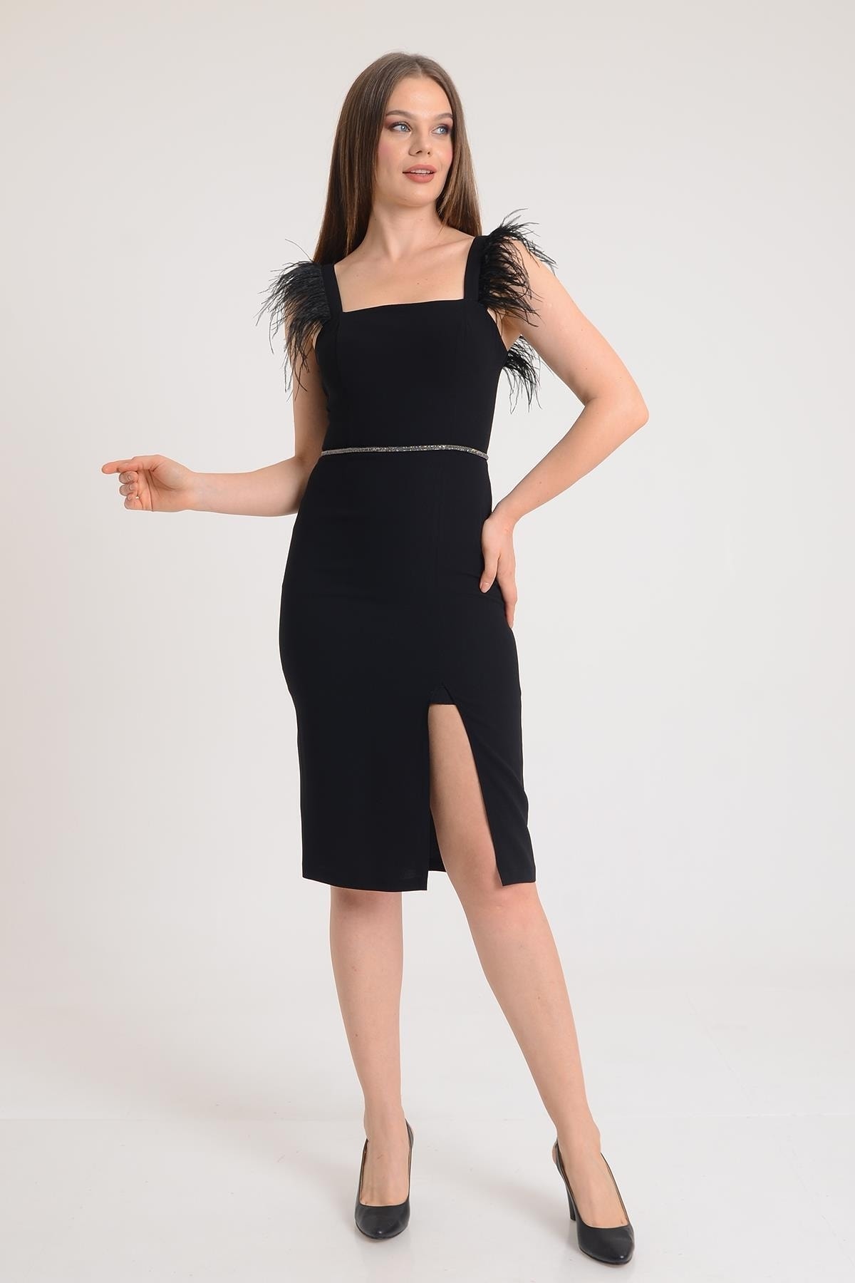 Black Shoulder Feathered Square Neck Evening Dress