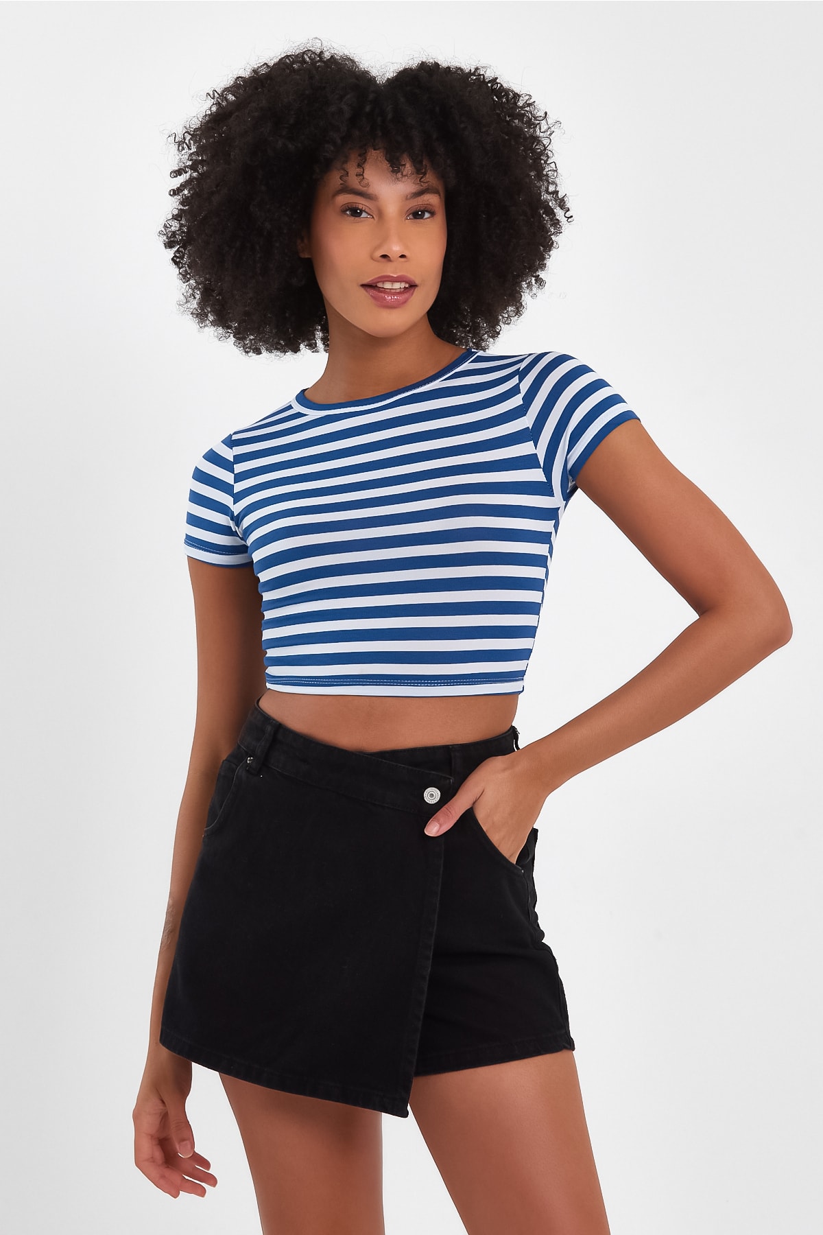 Kadın Çizgili Crop Tshirt - Mavi