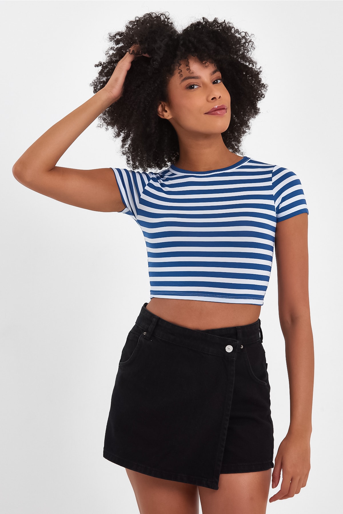 Kadın Çizgili Crop Tshirt - Mavi