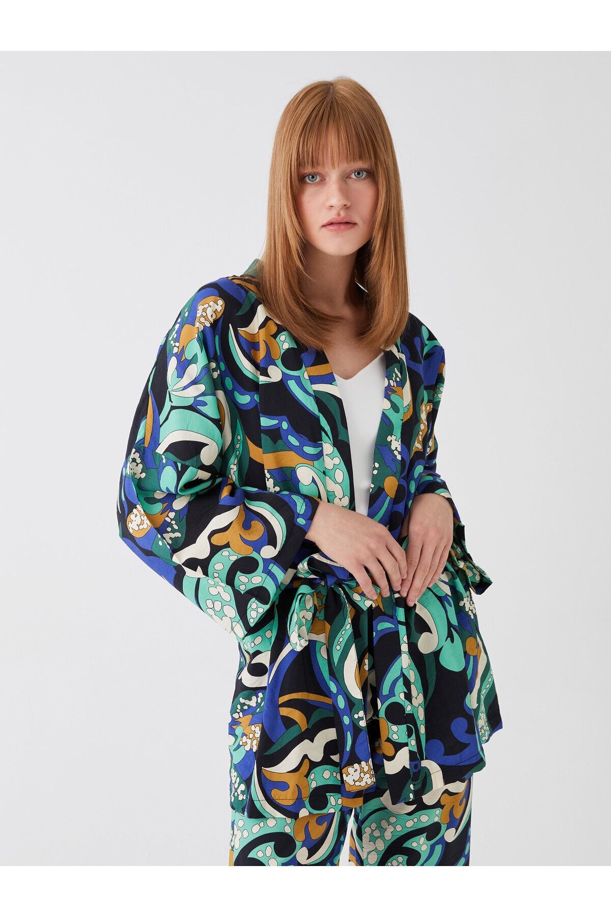 Şal Yaka Desenli Oversize Kadın Kimono