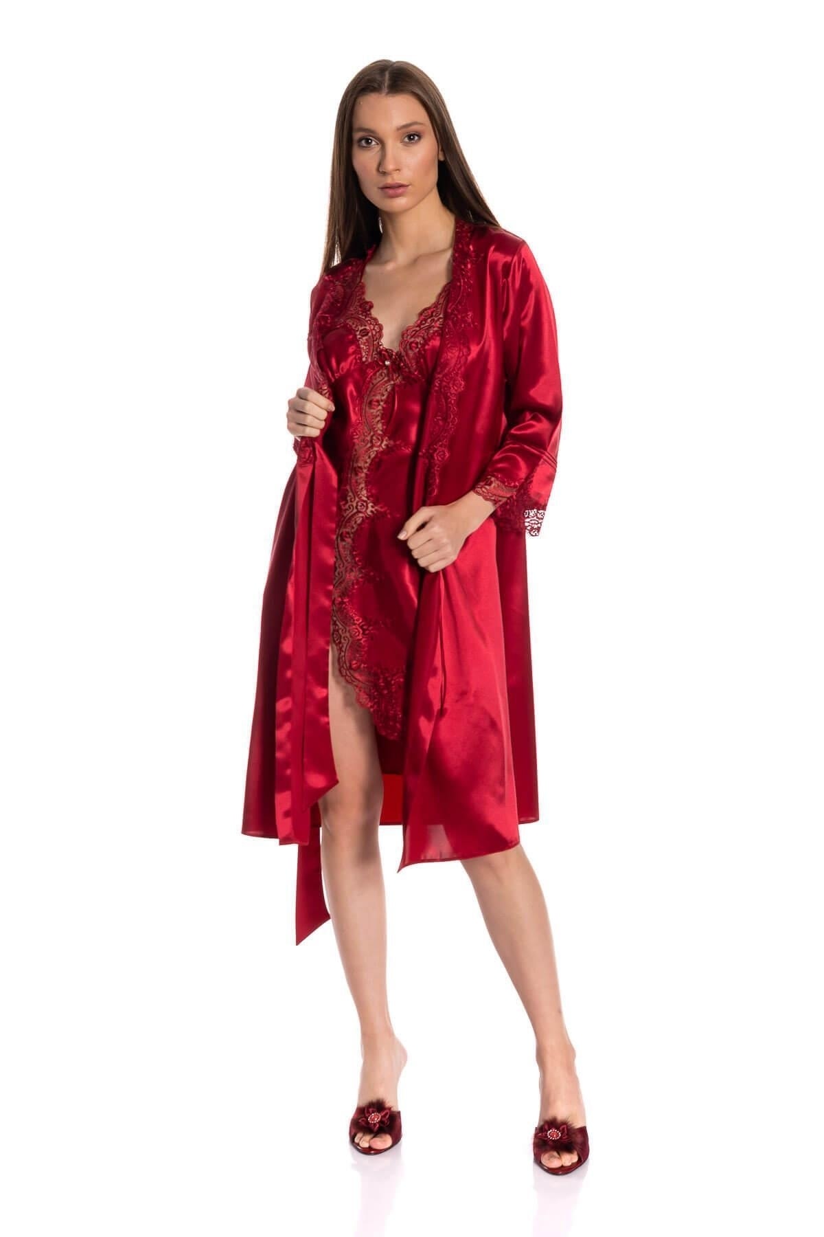 Espuar Bordo Dantel Detaylı Saten Ikili Gecelik Sabahlık Takım