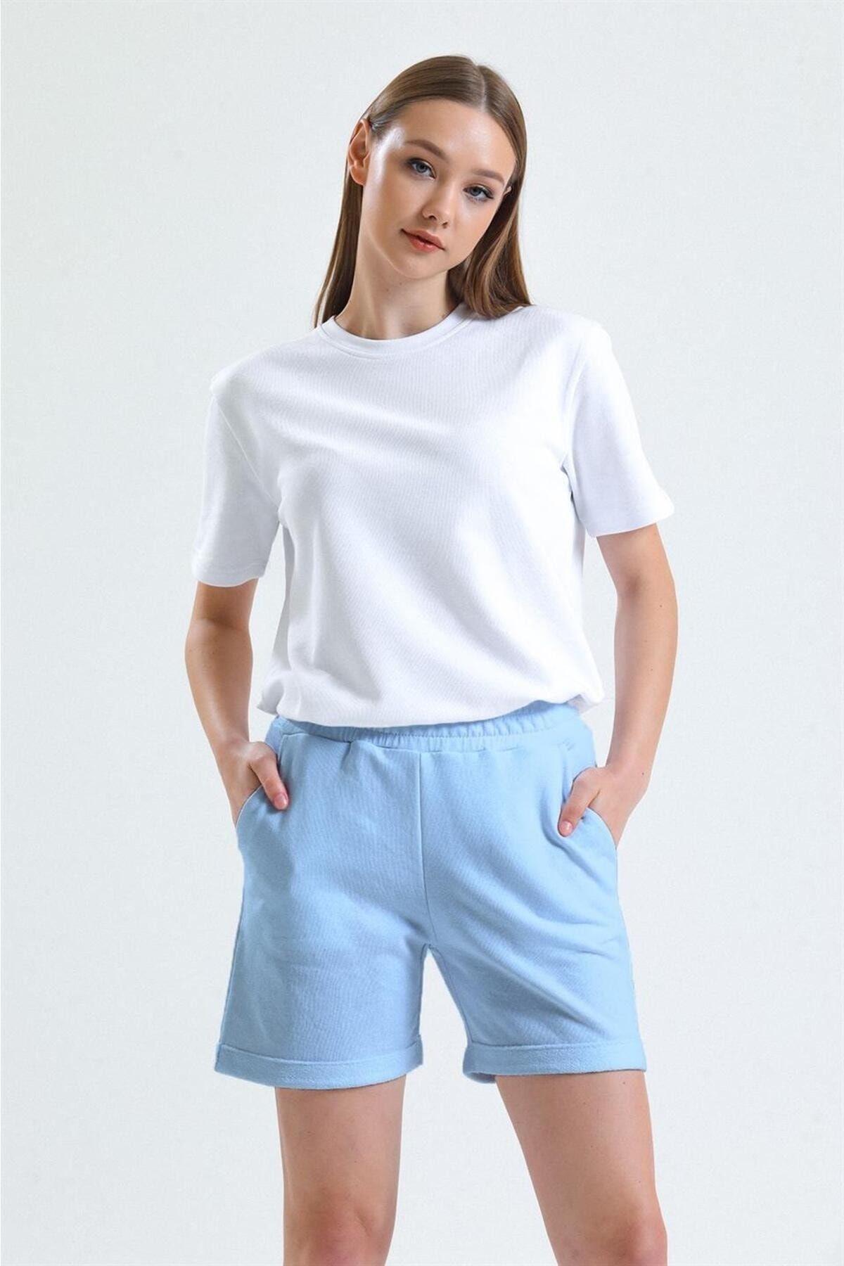 pulur Blue Detailed High Waist Short Sweat Shorts with Pockets